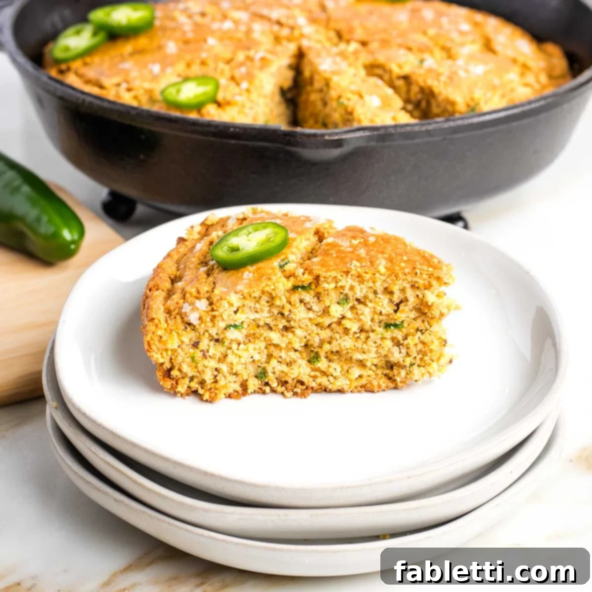 Spicy Vegan Skillet Jalapeño Cornbread 12 Side view of a slice of cornbread with jalapenos.