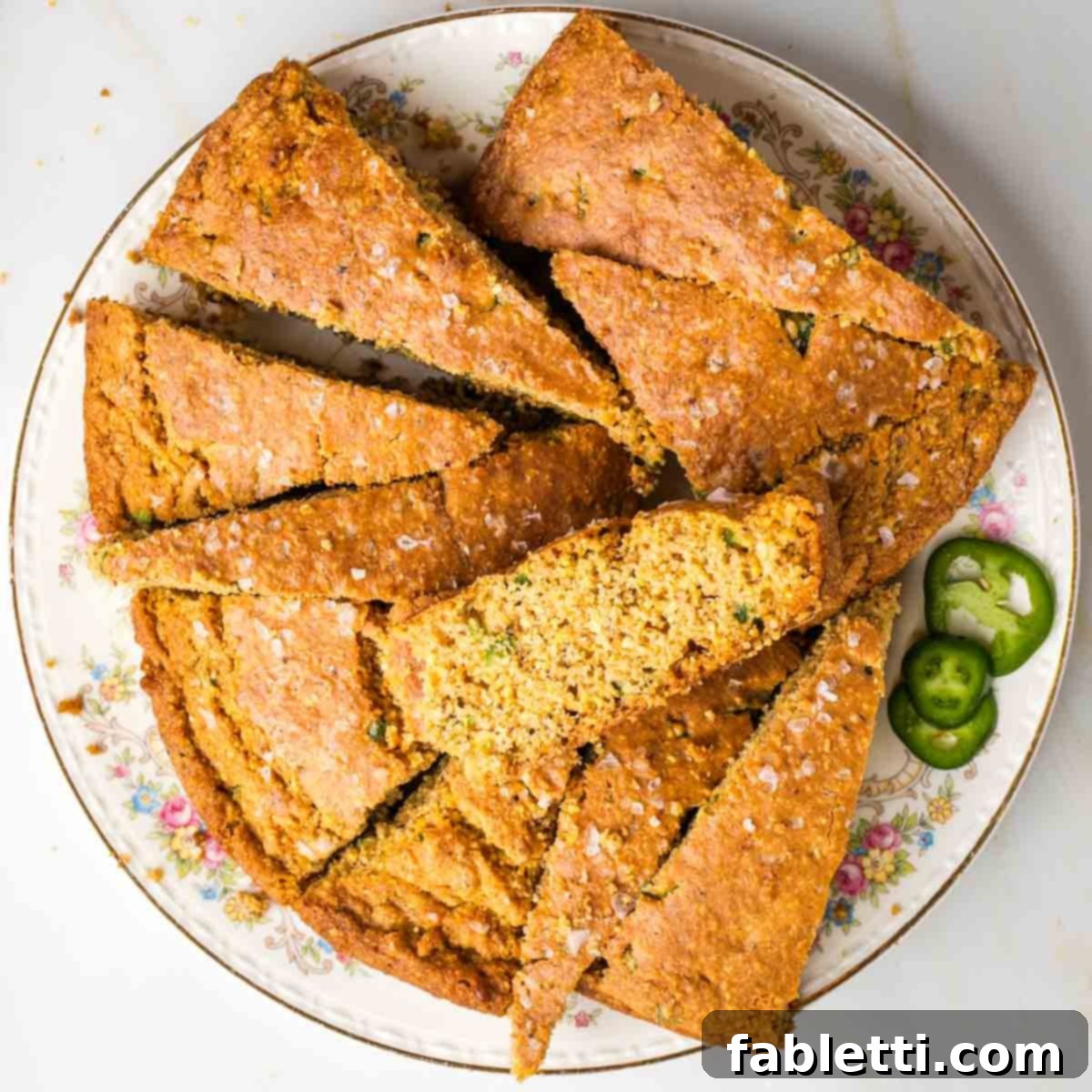 Spicy Vegan Skillet Jalapeño Cornbread 14 Triangle slices of skillet cornbread on a plate with jalapeno slices.