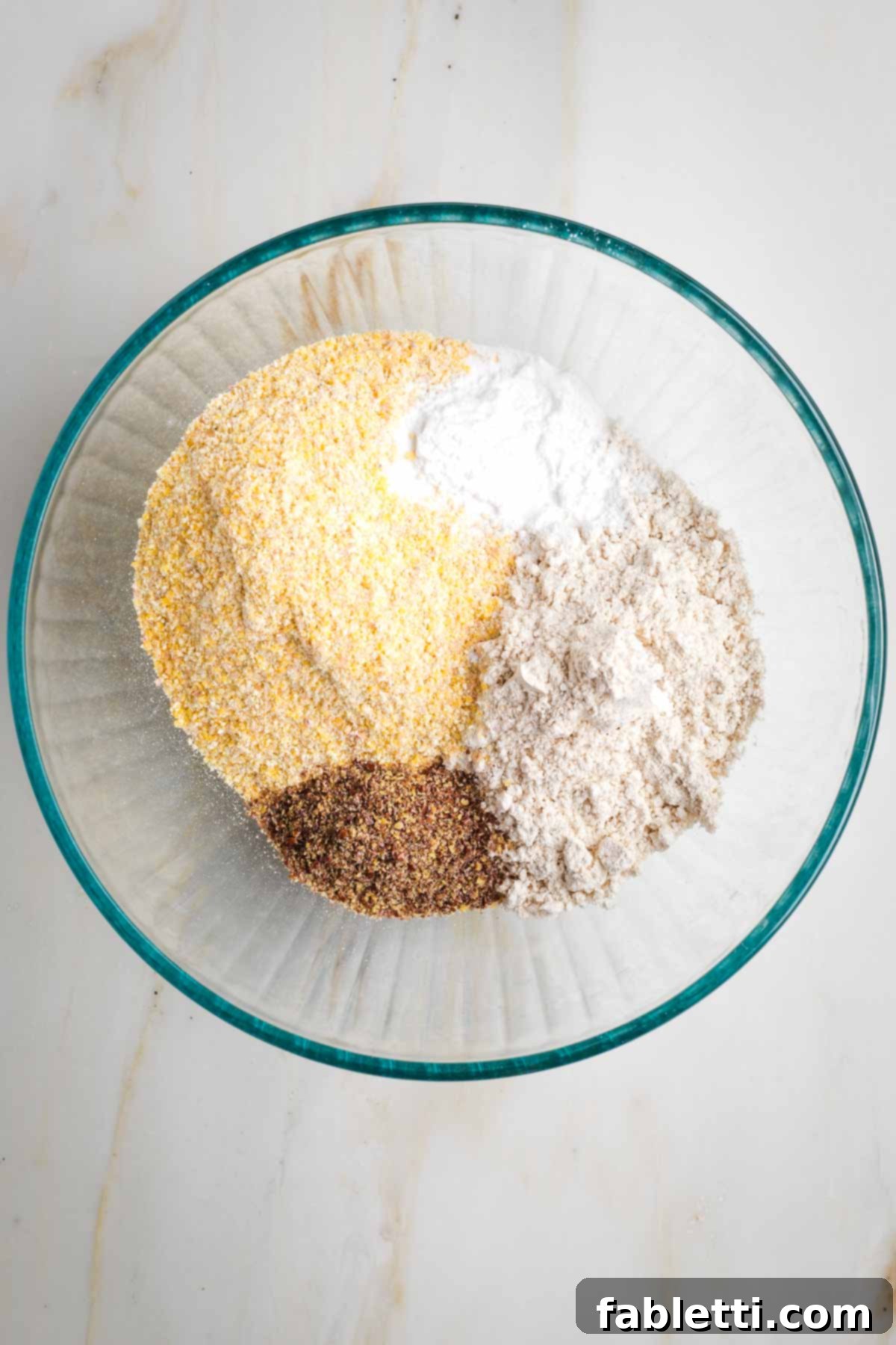 Spicy Vegan Skillet Jalapeño Cornbread 4 Cornmeal, flour, ground flax, baking soda and baking powder in a glass mixing bowl.