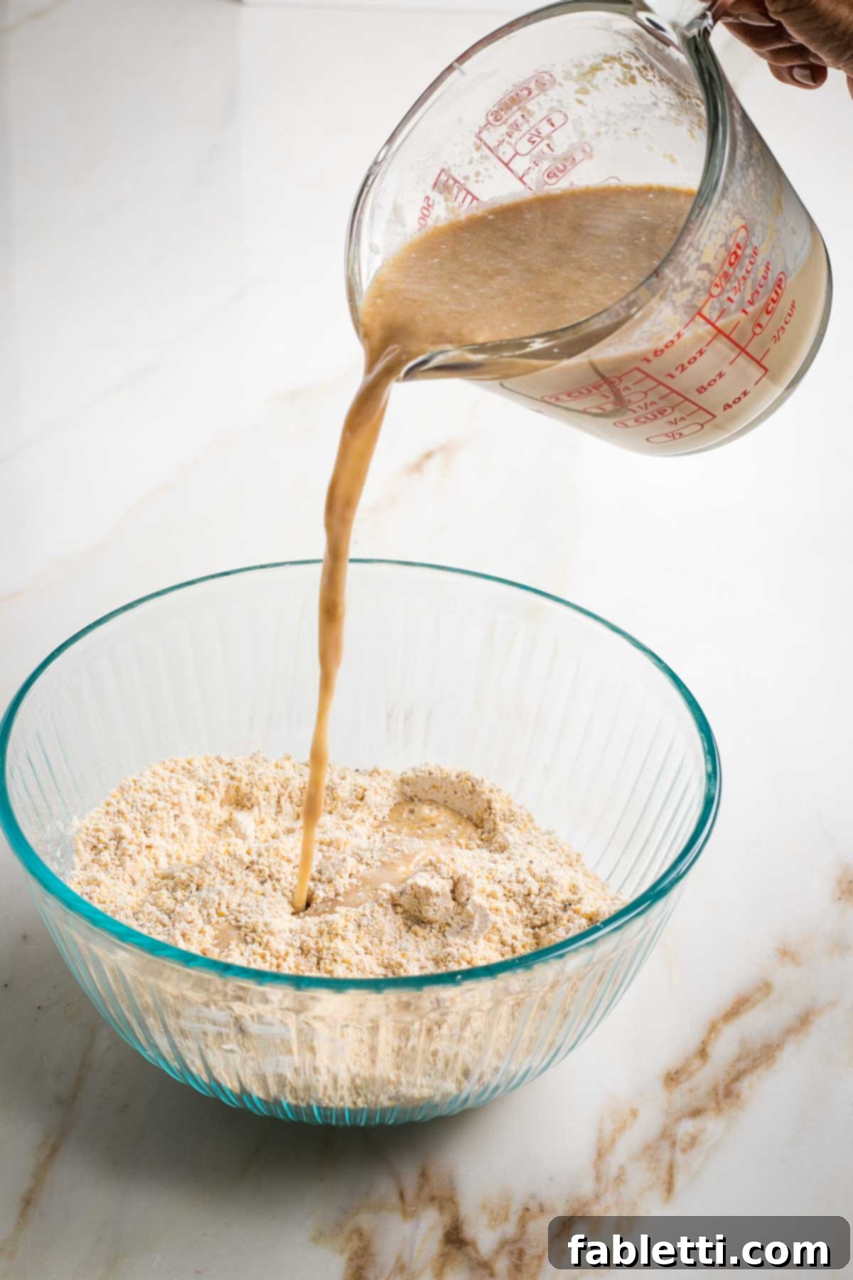 Spicy Vegan Skillet Jalapeño Cornbread 5 Pouring wet ingredients into dry to mix up cornbread batter.