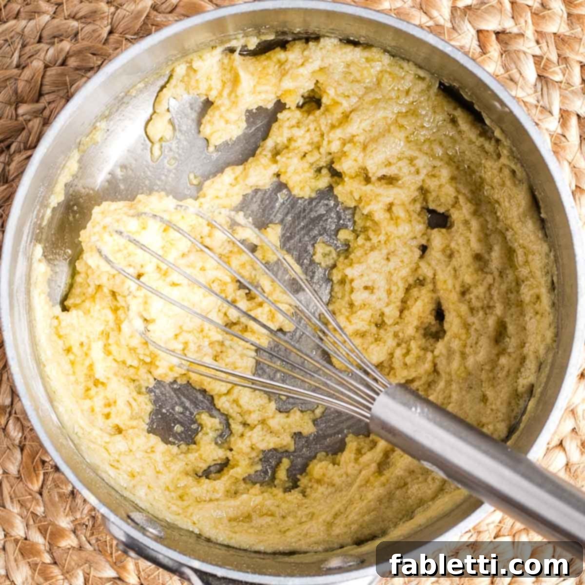 Silky Vegan Bechamel 5 Whisk stirring super thick and pasty pale yellow mixture in a small saucepan.