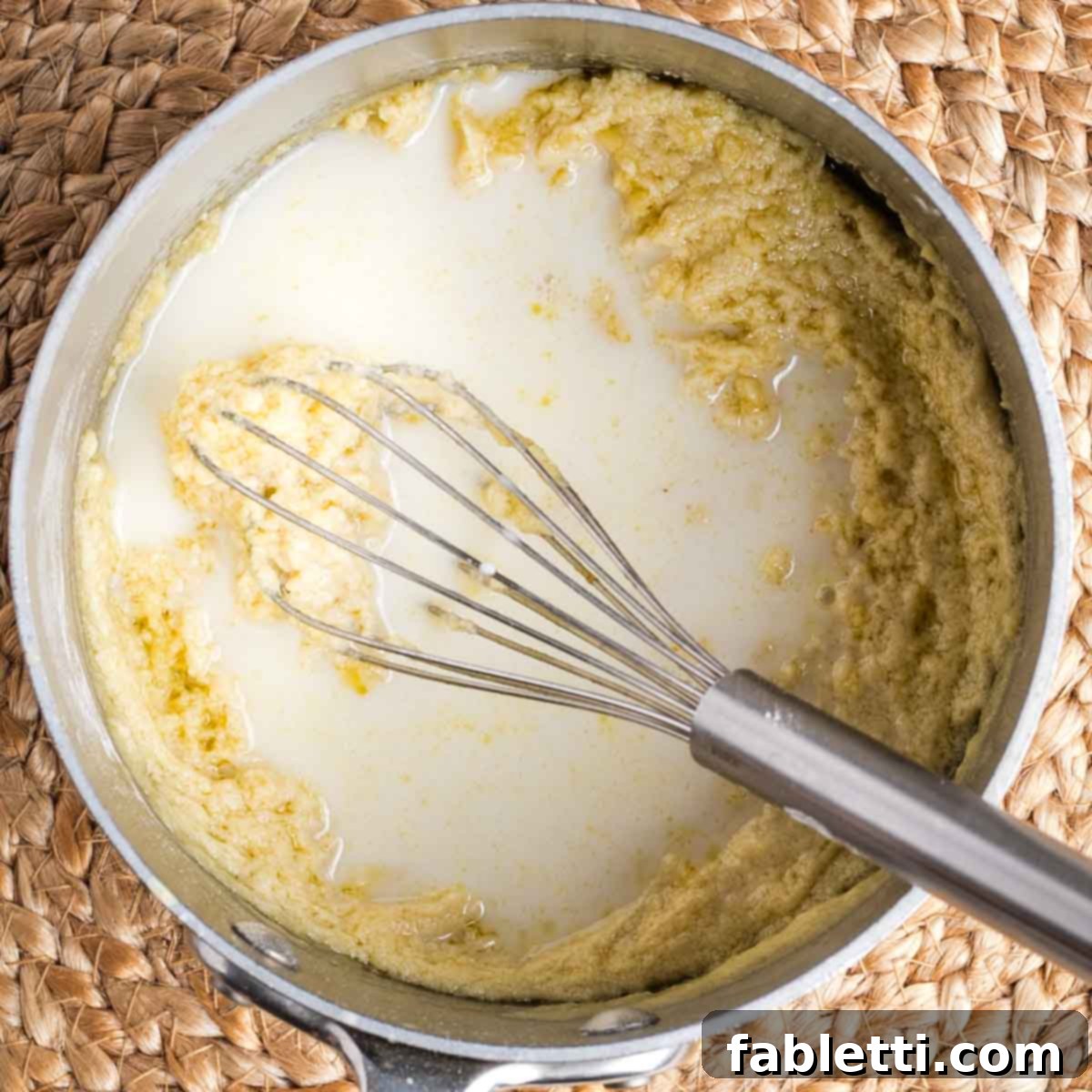 Silky Vegan Bechamel 6 Whisking milk into a thick and pasty light yellow mixture in a saucepan.