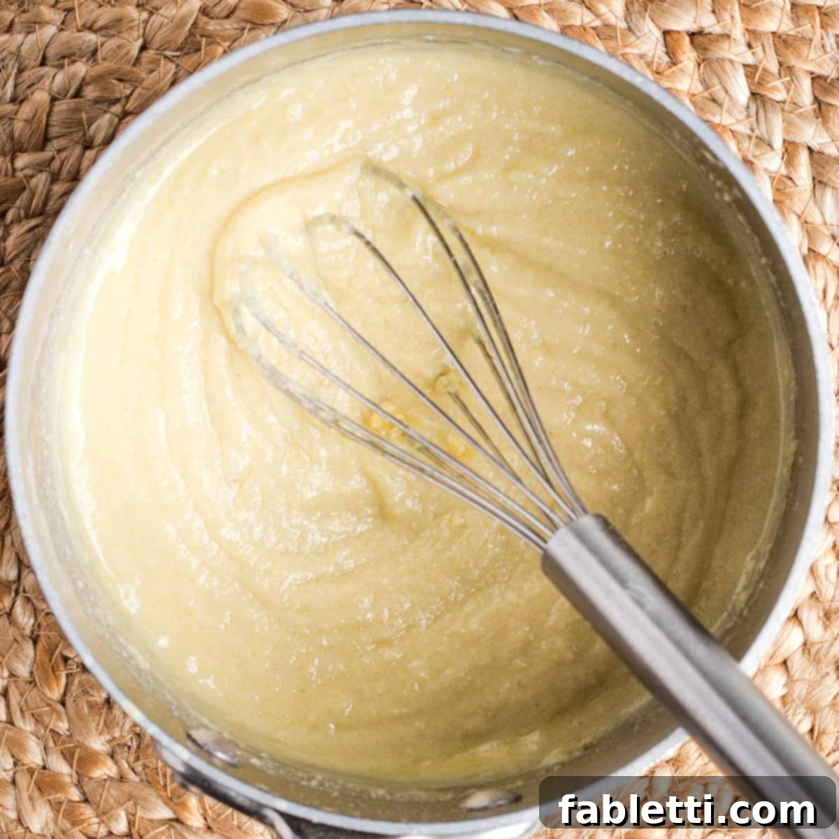 Silky Vegan Bechamel 7 Whisking a pale yellow sauce in a small pot.