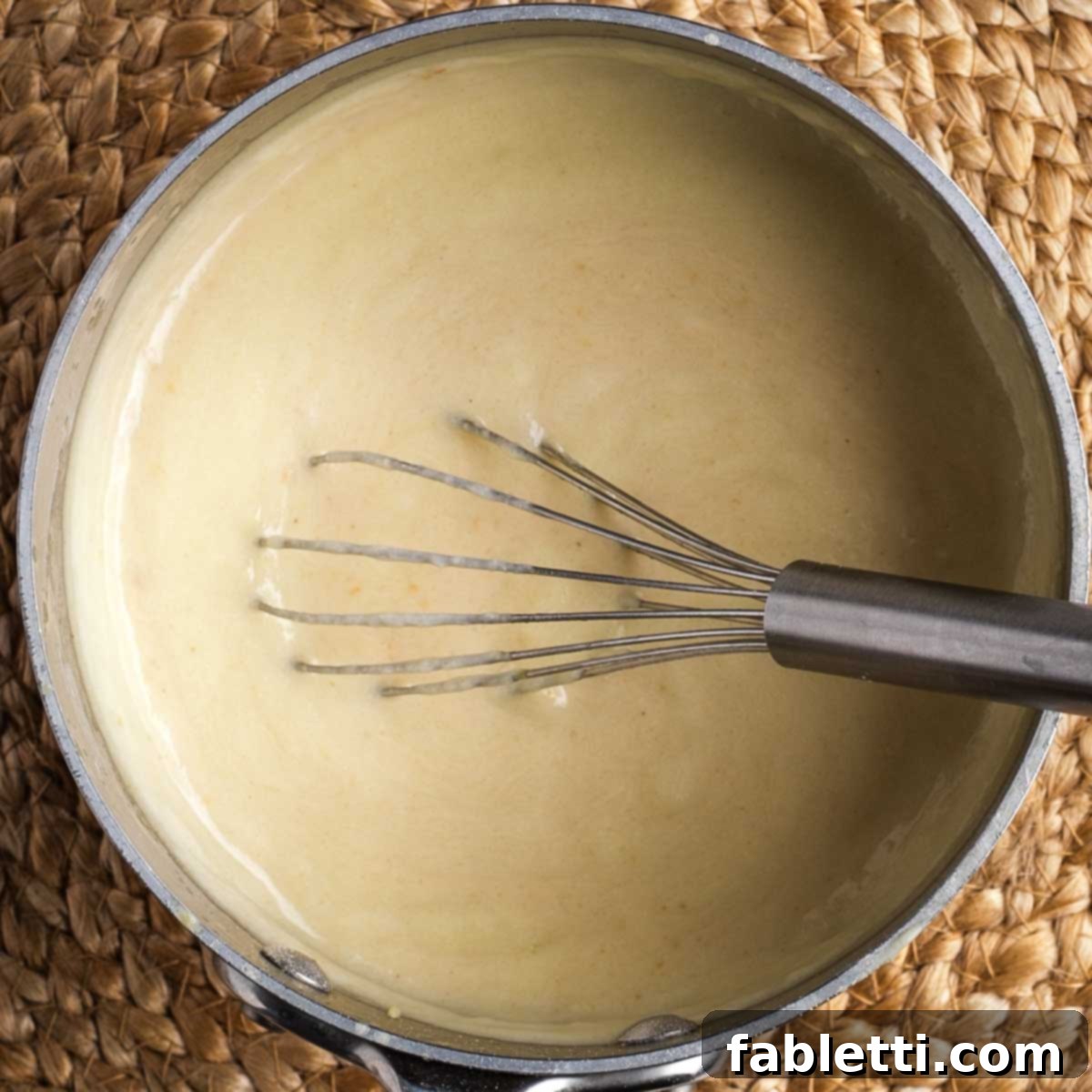 Silky Vegan Bechamel 8 Whisking a thick beige sauce in a small saucepan.