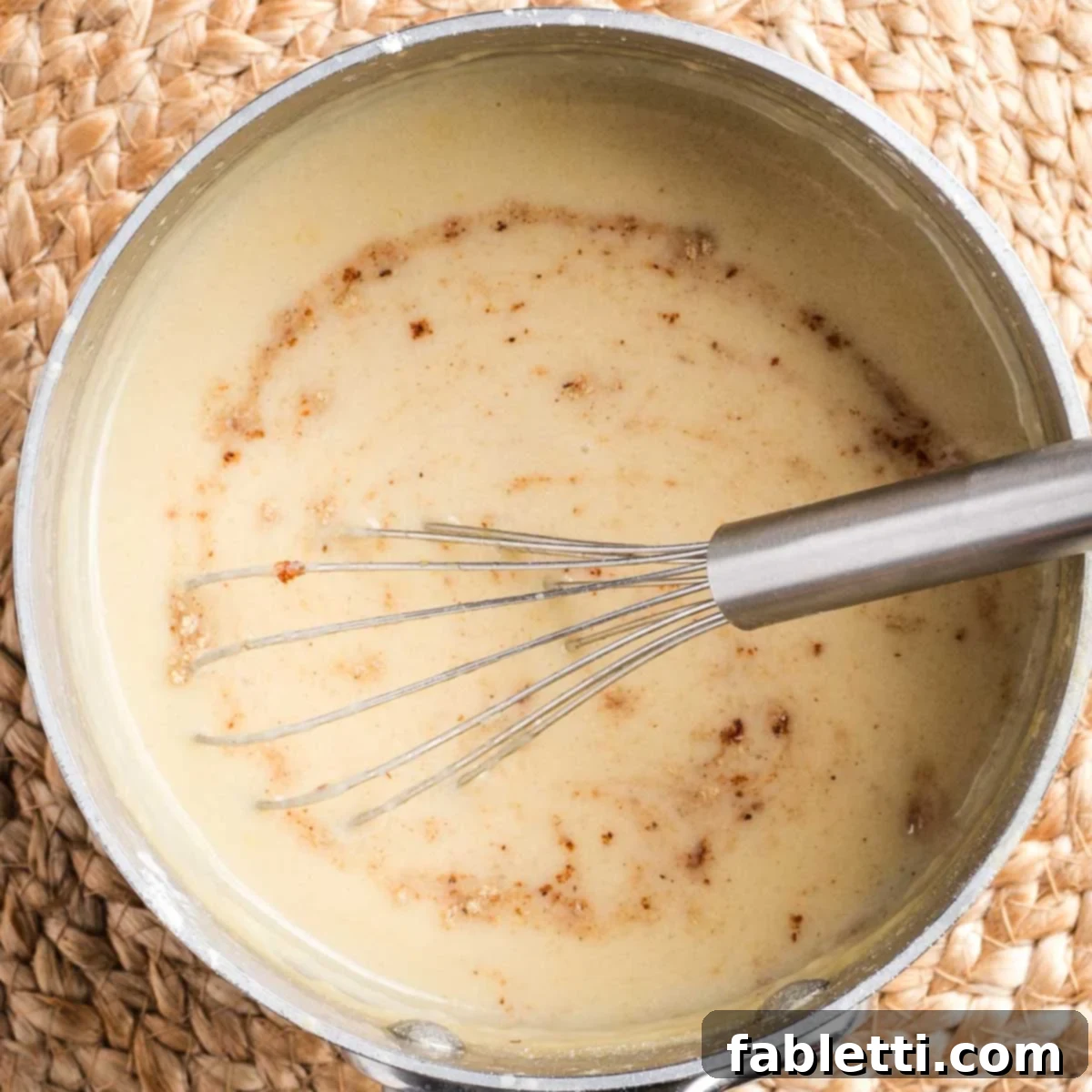 Silky Vegan Bechamel 9 Whisking nutmeg into a light yellow thick sauce in a small saucepan.