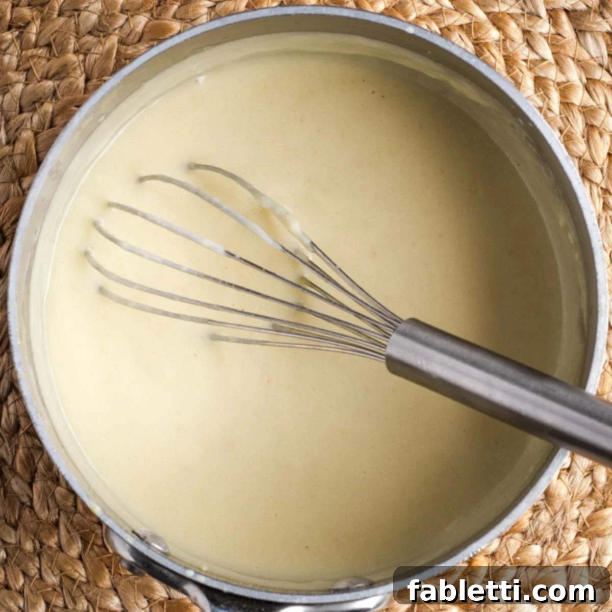 Lush Layers: Gluten-Free Vegan Garden Lasagna 3 Small saucepan whisking together bechamel sauce.