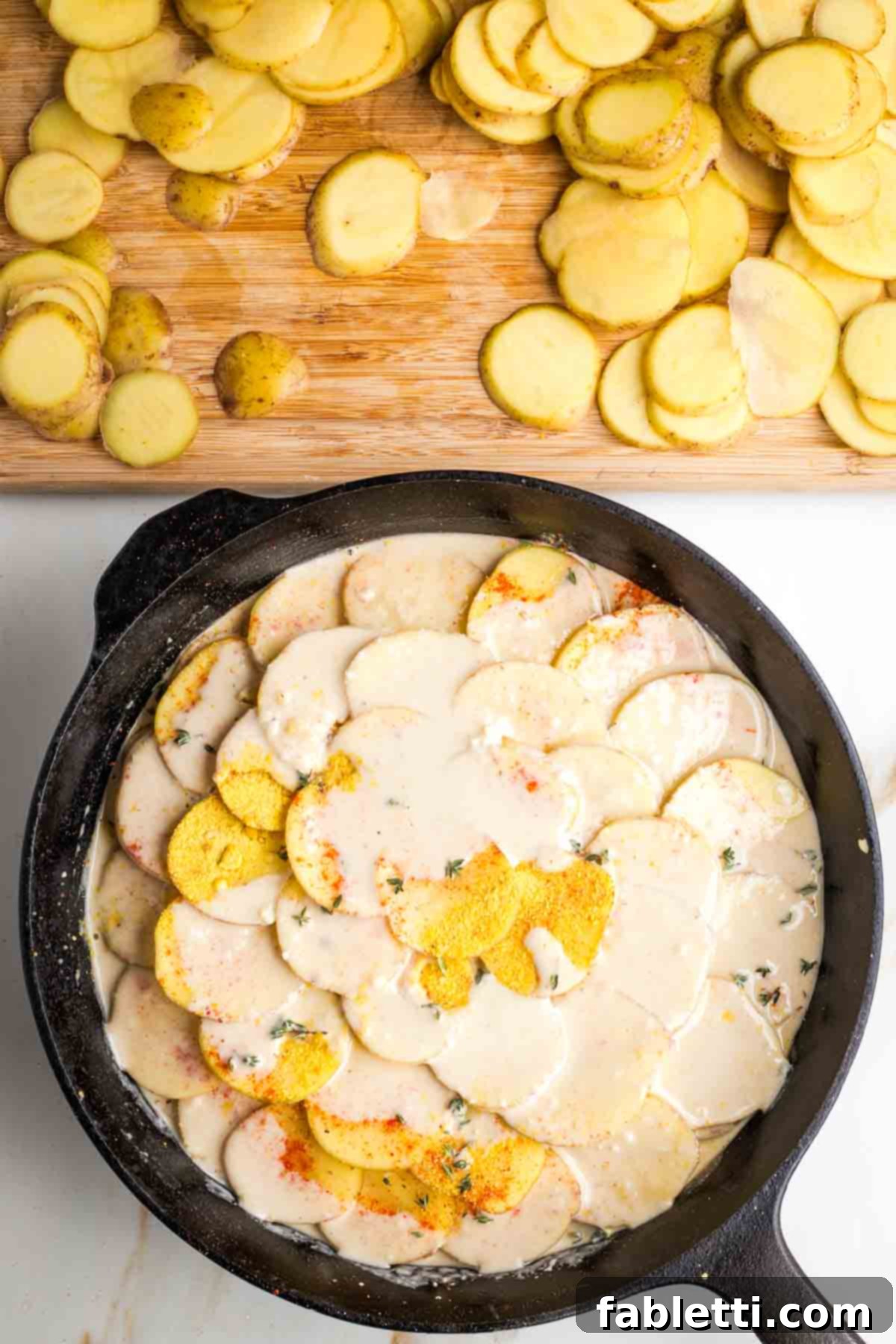 One-Pan Dairy-Free Gluten-Free Scalloped Potatoes 10 A meticulously arranged layer of thinly sliced potatoes, staggered in a hatch pattern within a cast iron skillet, seasoned with spices and then generously topped with the creamy white sauce.
