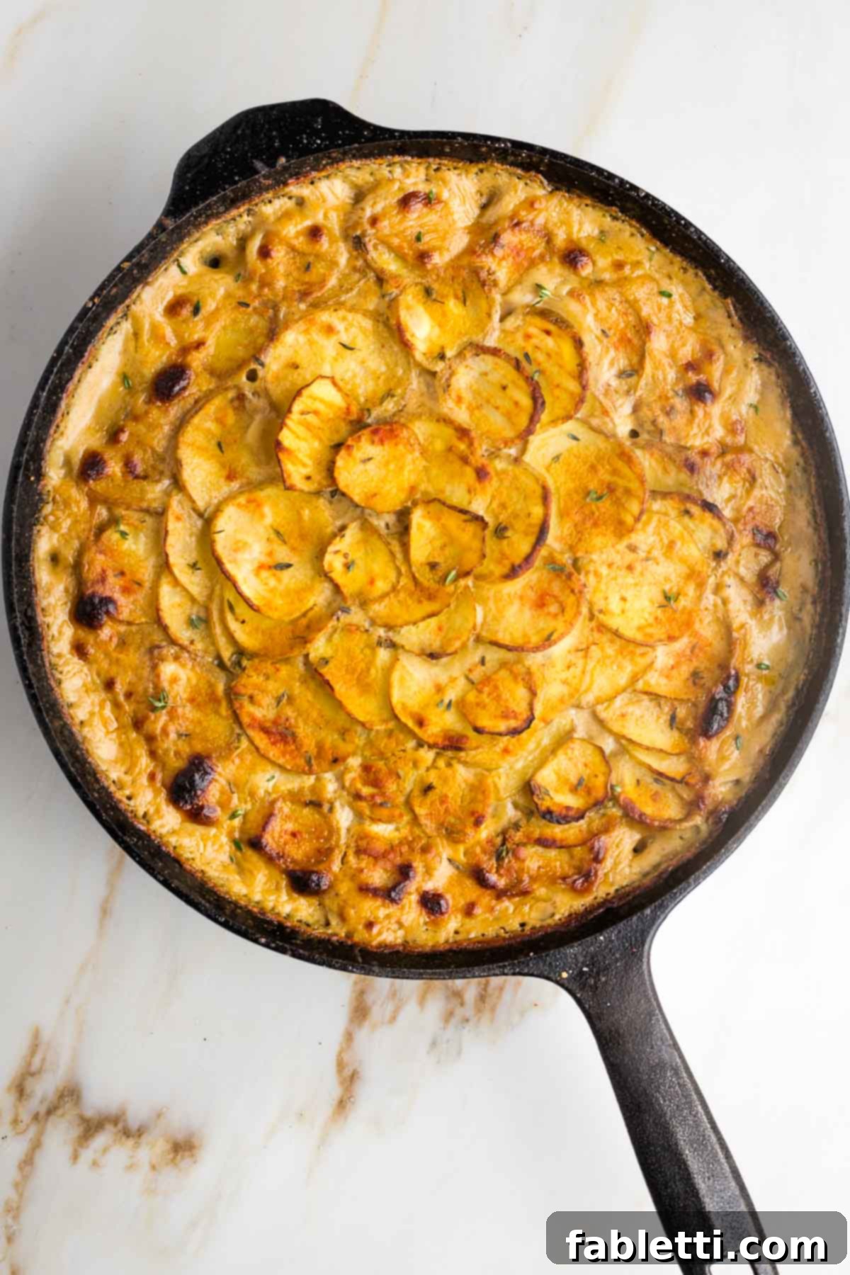 One-Pan Dairy-Free Gluten-Free Scalloped Potatoes 13 A glorious image of crisped-up dairy-free scalloped potatoes, golden brown and perfectly baked in a cast iron skillet, ready to be served.