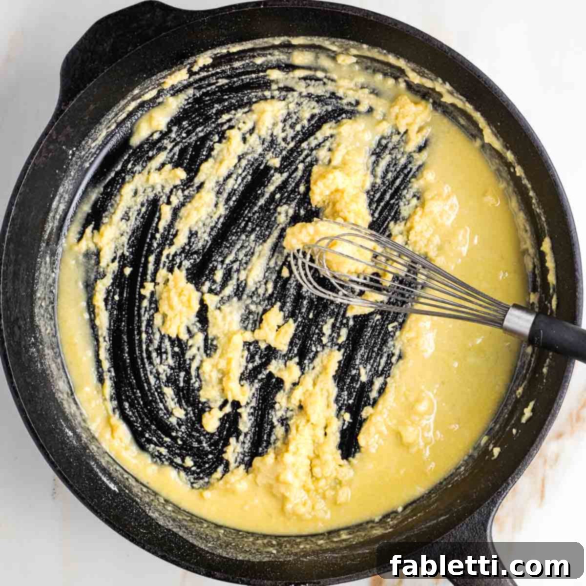 One-Pan Dairy-Free Gluten-Free Scalloped Potatoes 4 Whisking a roux, a thick paste of olive oil and cassava flour, together in a cast iron skillet over medium-low heat.