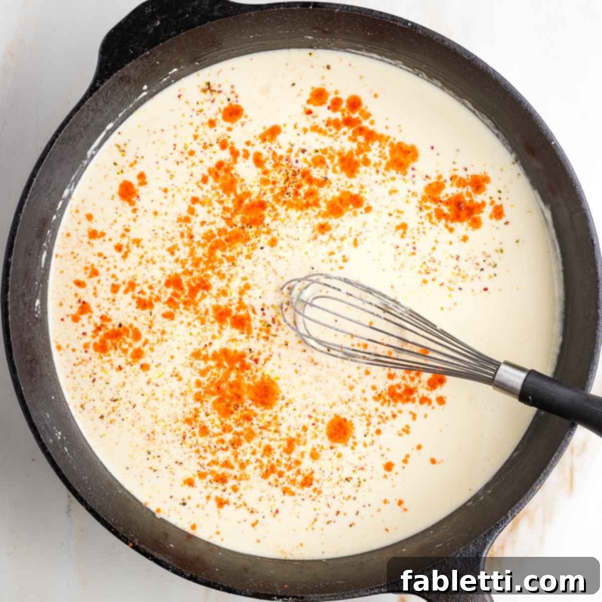 One-Pan Dairy-Free Gluten-Free Scalloped Potatoes 6 A close-up of paprika, salt, and pepper being whisked into a creamy béchamel sauce within a cast iron skillet, adding the final layers of flavor.