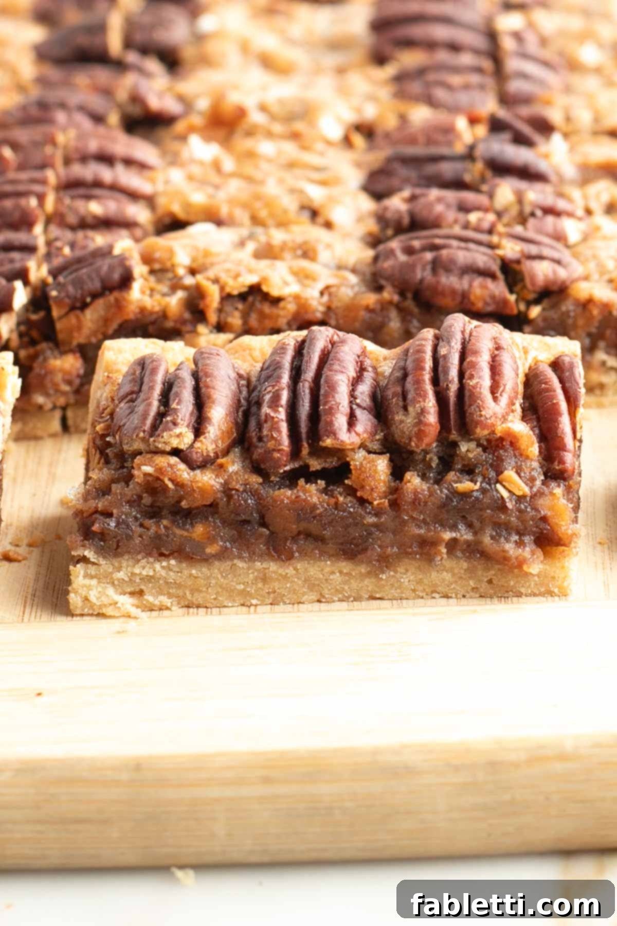 Naturally Sweetened Vegan Pecan Pie Bars 22 Side view of a pecan pie bar, showing crust, caramel and pecans.