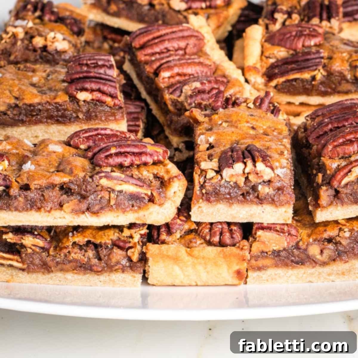 Naturally Sweetened Vegan Pecan Pie Bars 23 Pecan pie bars, piled on a plate, with a side view to show the three layers of pie crust, caramel filling and pecan topping.