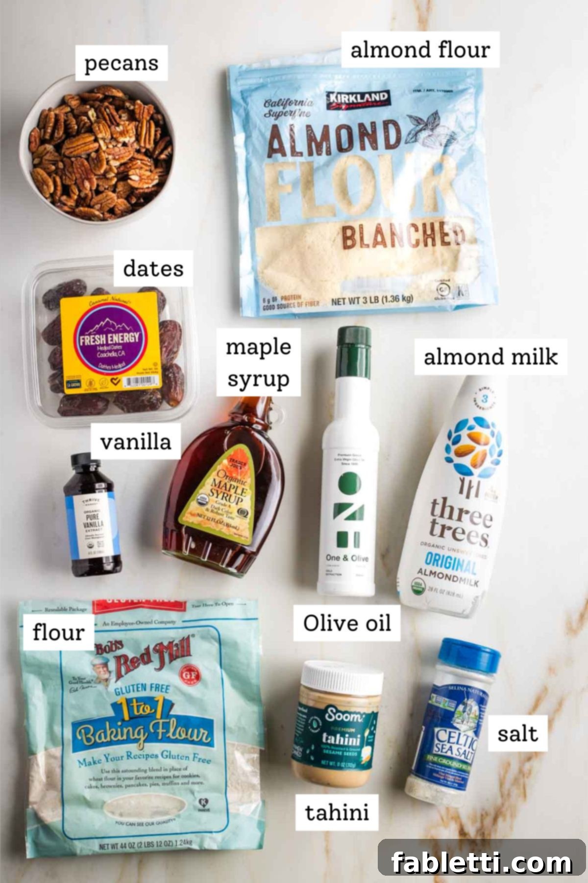 Naturally Sweetened Vegan Pecan Pie Bars 4 Labeled ingredients to make vegan pecan pie bars without corn syrup.