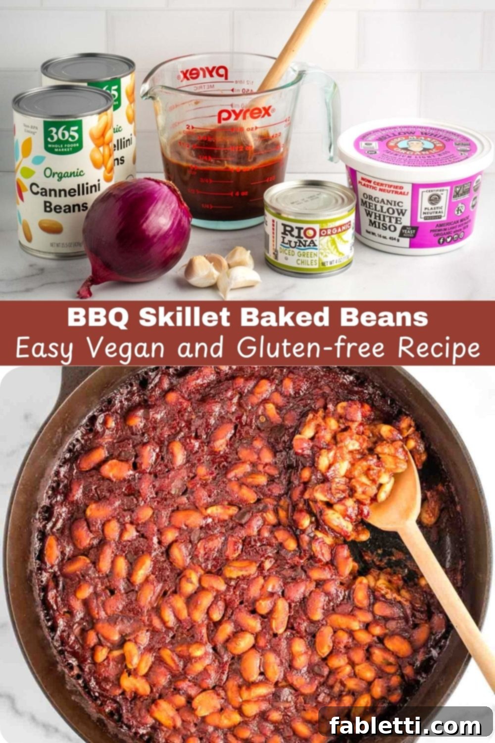 Effortless Skillet Plant-Based BBQ Beans 17 A comprehensive view showing both the individual ingredients and the finished product of Vegan BBQ Baked Beans, baked to perfection in a cast iron skillet, highlighting the ease and delicious outcome of this recipe.