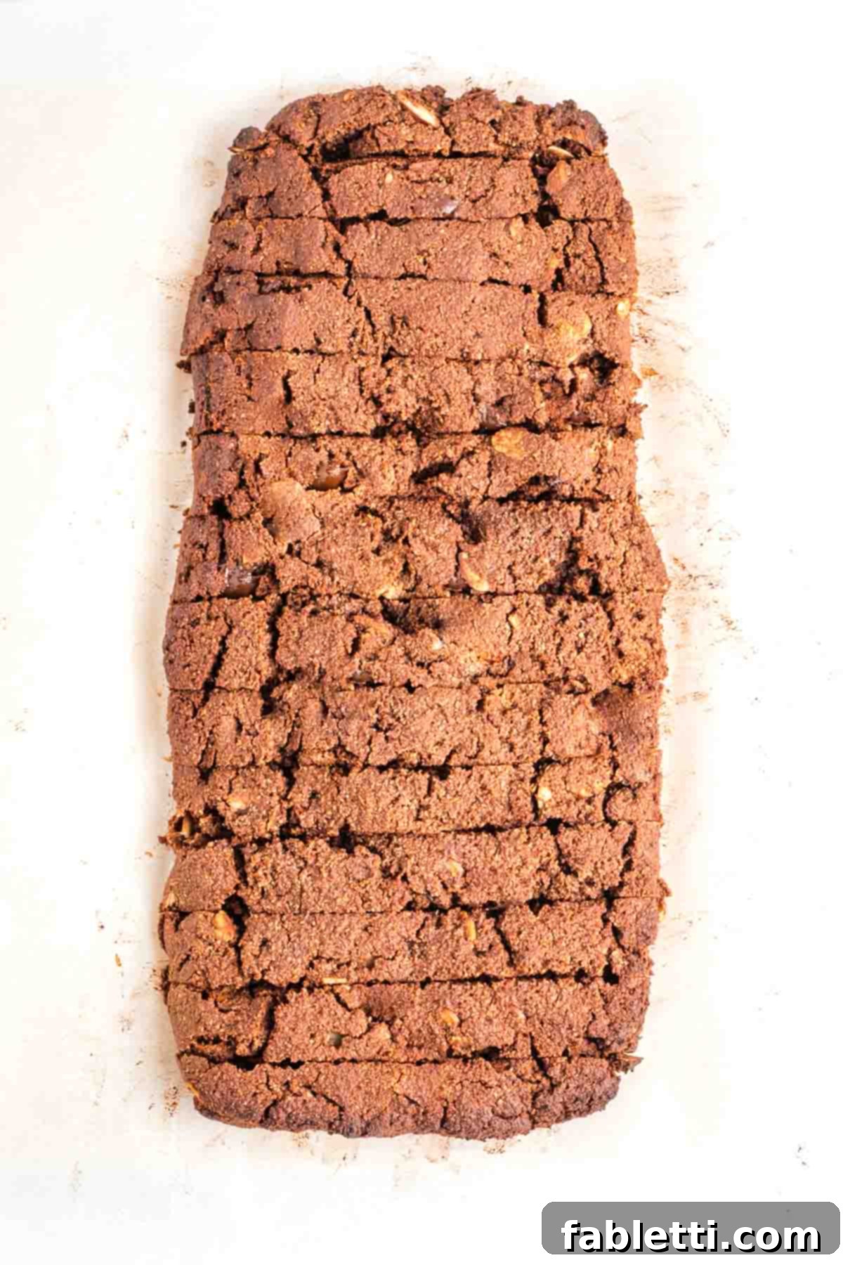 Irresistible Vegan Gluten-Free Chocolate Almond Biscotti 13 Loaf of chocolate biscotti with chocolate chips and sliced almonds, cut into slices.