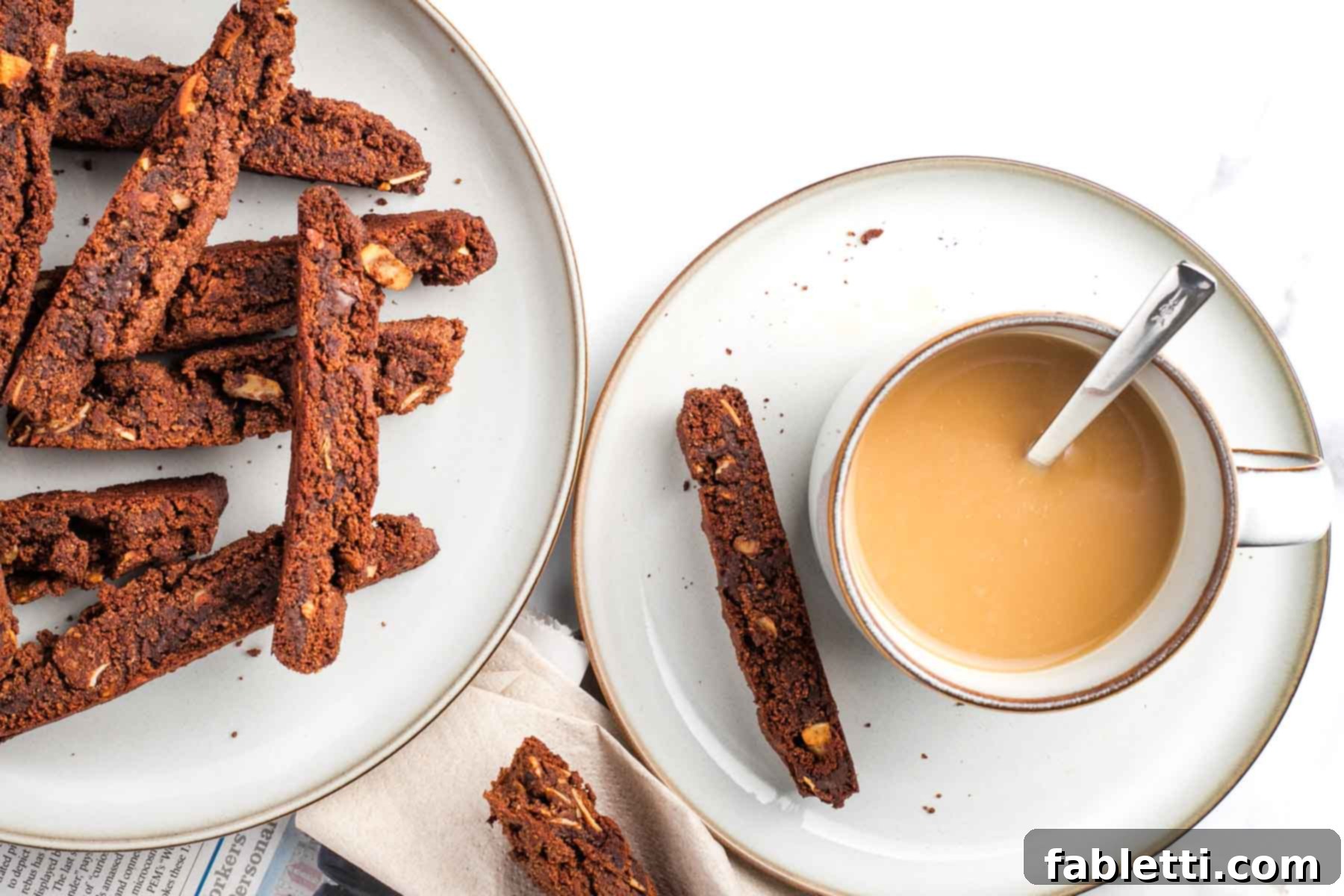 Irresistible Vegan Gluten-Free Chocolate Almond Biscotti 16 Plate piled with chocolate chocolate chip biscotti along with a slice on a smaller plate with a cup of coffee.