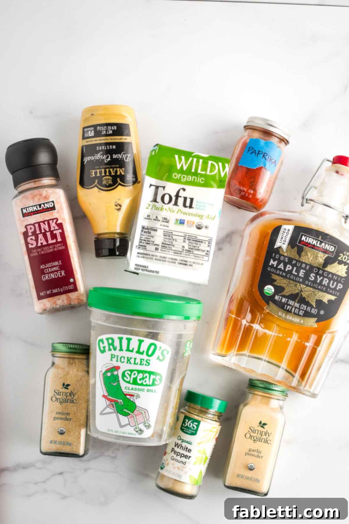 Creamy Tofu Vegan Big Mac Sauce 3 Ingredients for vegan Big Mac sauce, including tofu, pickles, spices, and mustard.