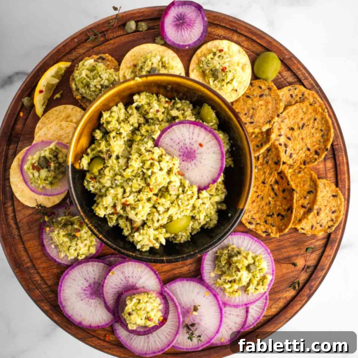 Green olive tapenade in a bowl, surrounded by crackers and purple radishes, spread with the dip.