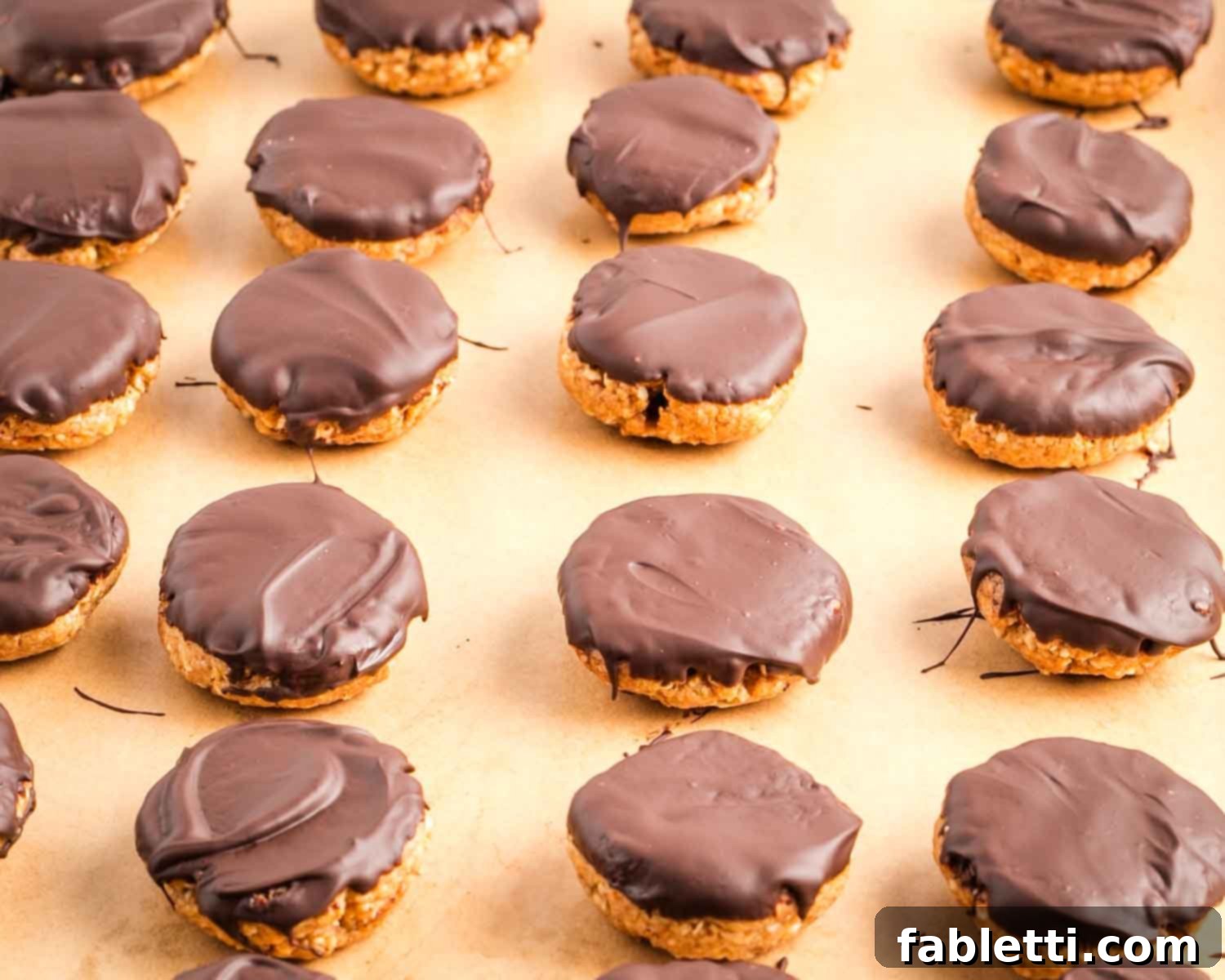 Decadent Vegan Chocolate Almond Macarons 18 Tray of chocolate-dipped almond macaroons placed into a refrigerator to harden the chocolate.