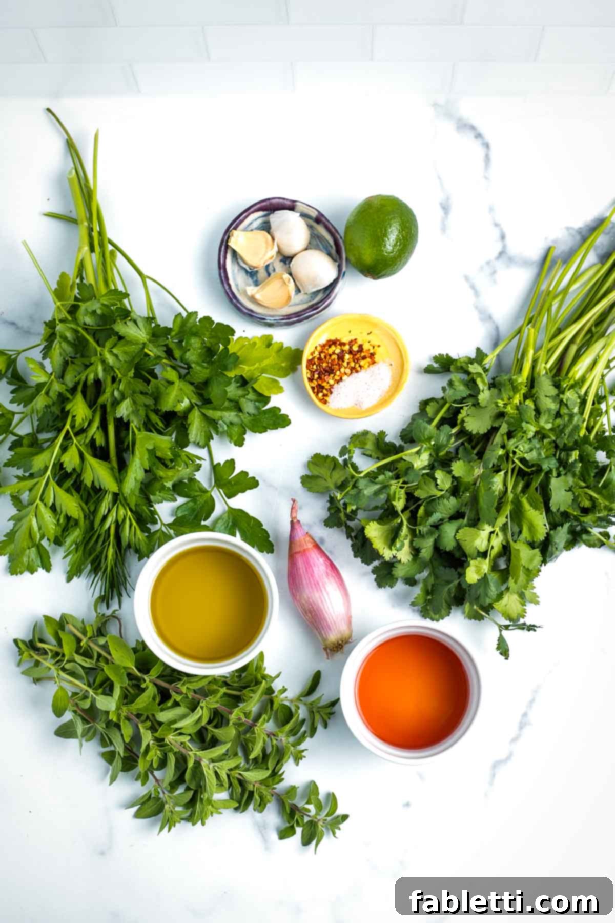 Zesty Chimichurri Portobello Steaks 4 Ingredients for chimichurri sauce including fresh parsley, cilantro and oregano. Also fresh garlic, shallot, olive oil, red wine vinegar, salt and pepper.