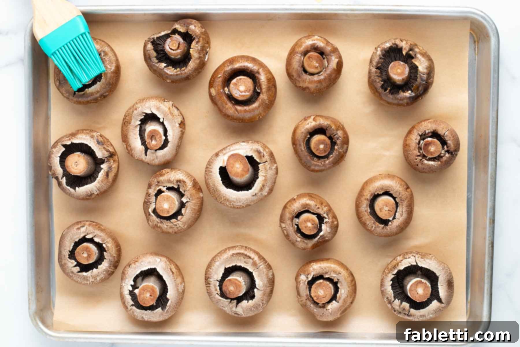 Zesty Chimichurri Portobello Steaks 5 Portobello mushrooms, stem side up on a baking tray lined with parchment, pastry brush, putting on oil.