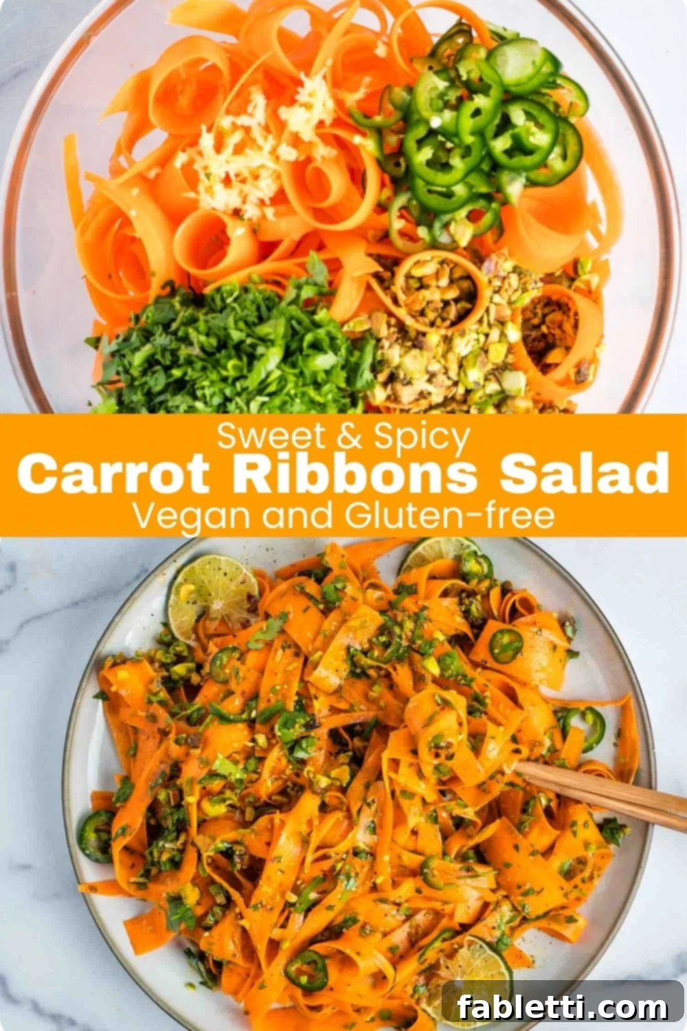 Sweet Heat Shaved Carrot Salad 12 An artistic, overhead shot of the delicious Carrot Ribbons Salad served on a rustic wooden board, garnished with fresh herbs and lime wedges, emphasizing its freshness and appeal.