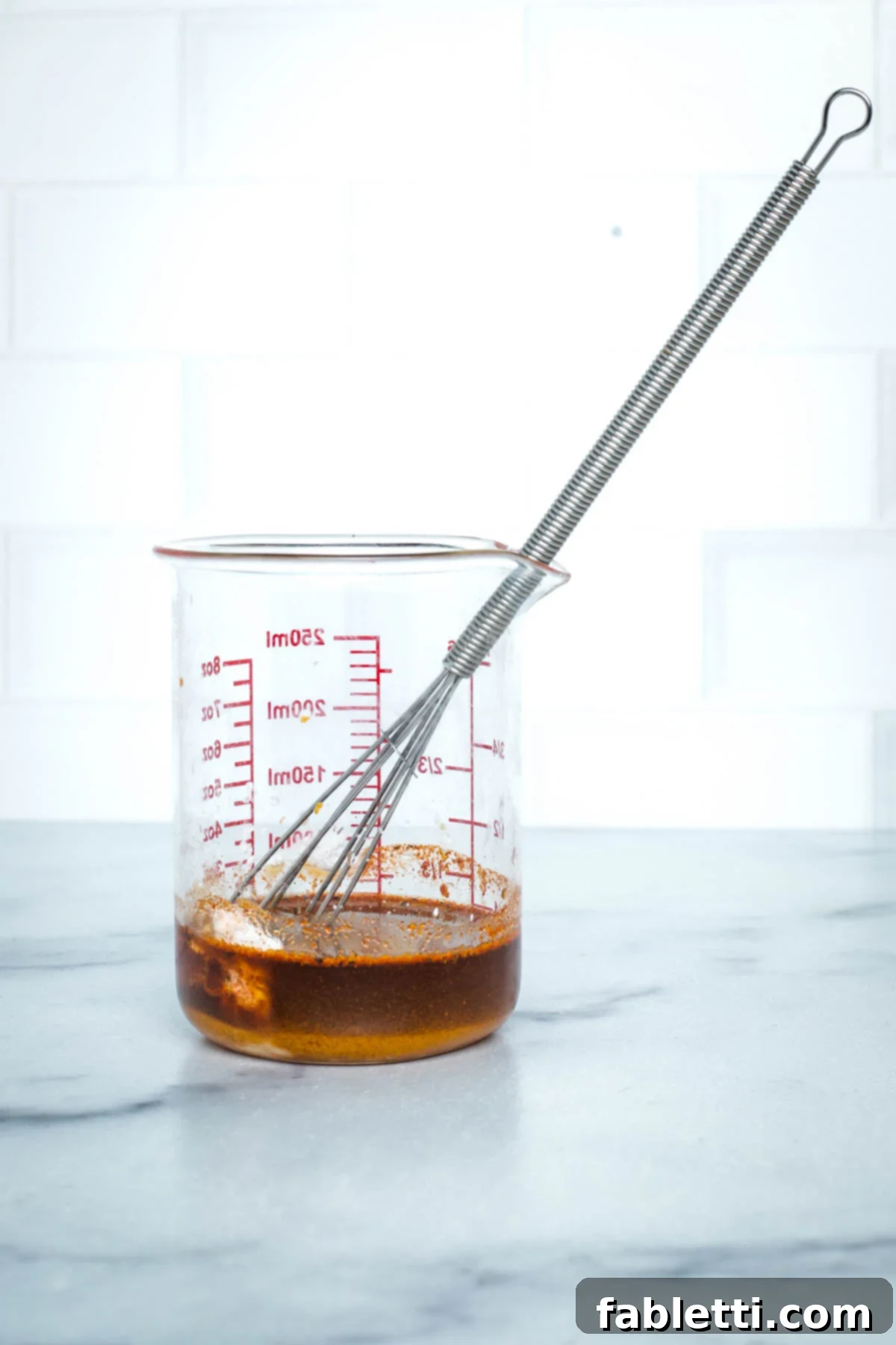 Small beaker with brown liquid and some spices and a whisk.