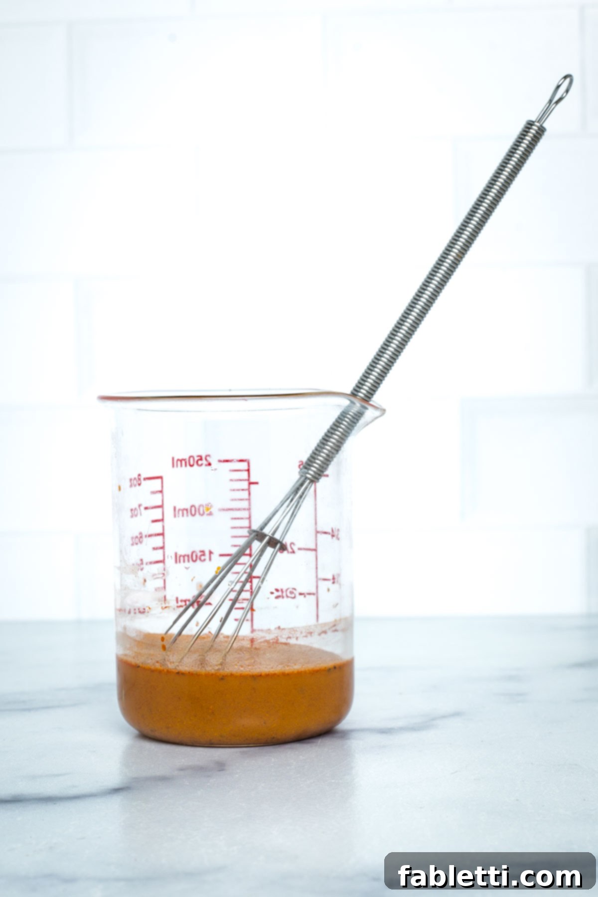 Whisk in a beaker of brownish liquid.