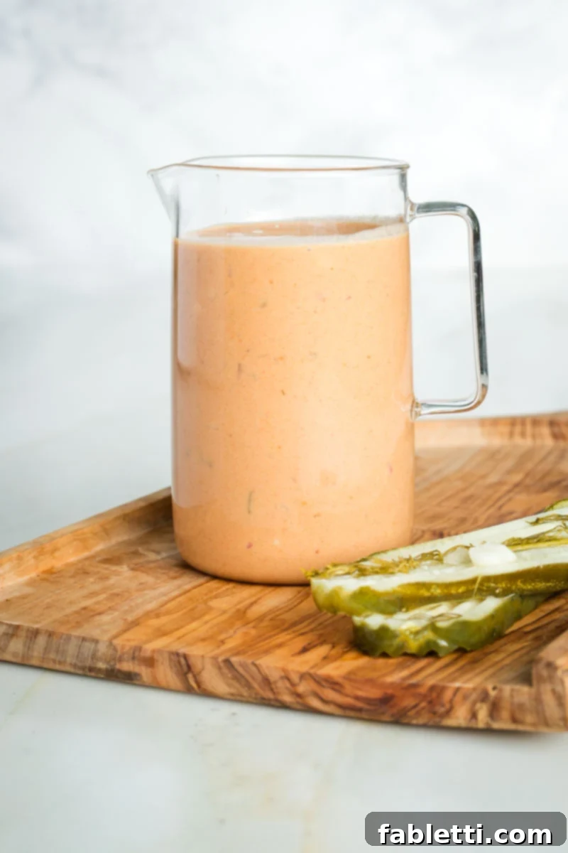 Creamy orange dressing with flecks of onions and pickles in a small glass pitcher. 