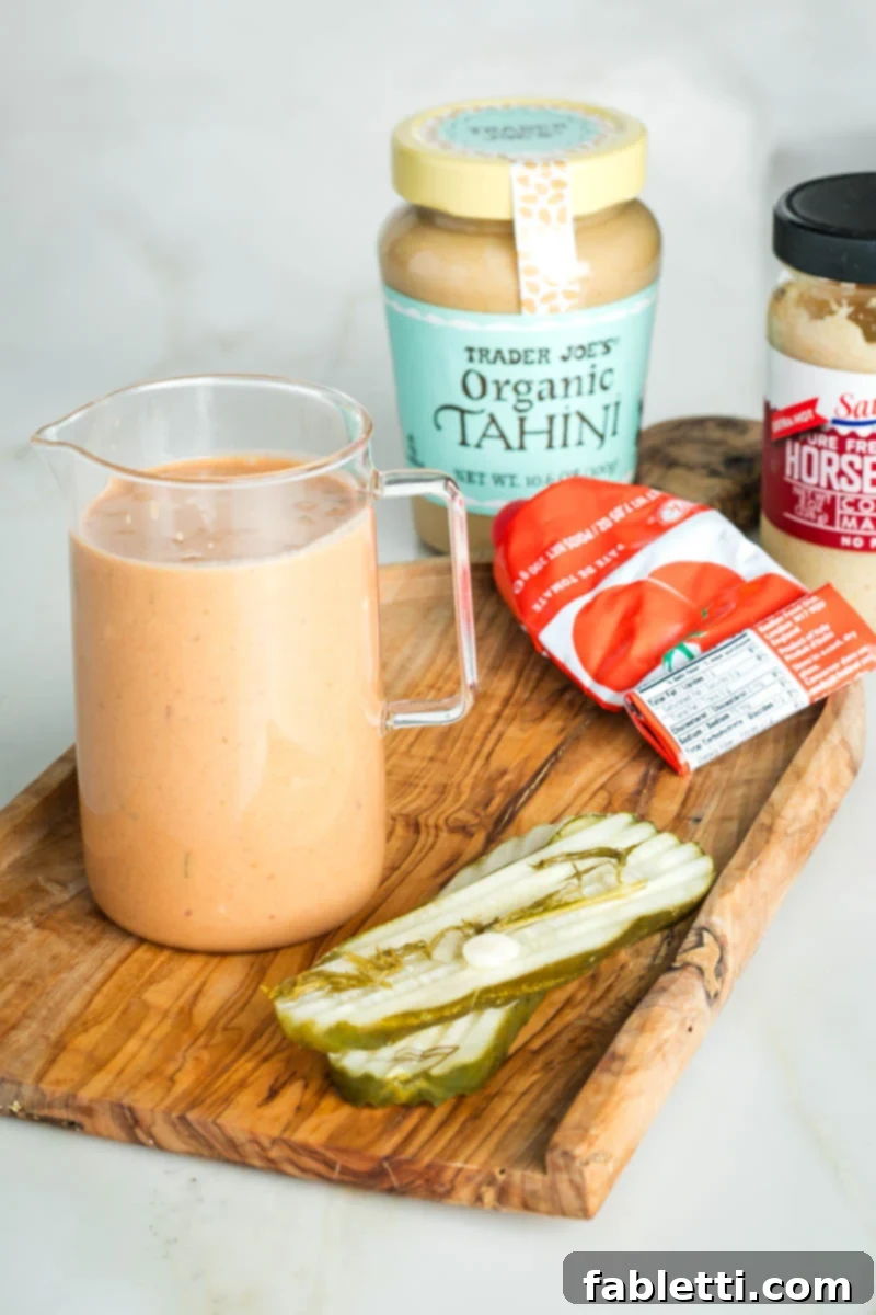 Small glass pitcher with Russian dressing and some of the ingredients on the counter. 