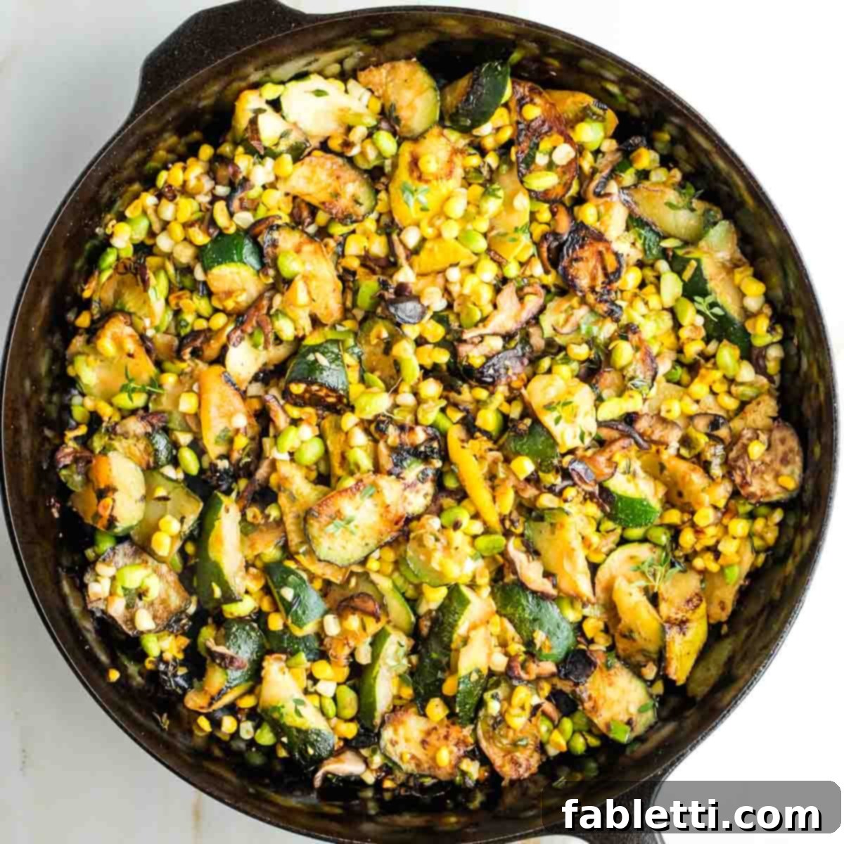 Vegan Zucchini Skillet Dinner in Just 20 Minutes 13 Charred zucchini, mushrooms, corn and edamame in a cast iron skillet.
