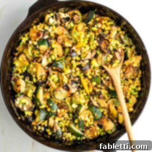 Vegan Zucchini Skillet Dinner in Just 20 Minutes 16 Skillet with zucchini, mushrooms, corn and edamame.