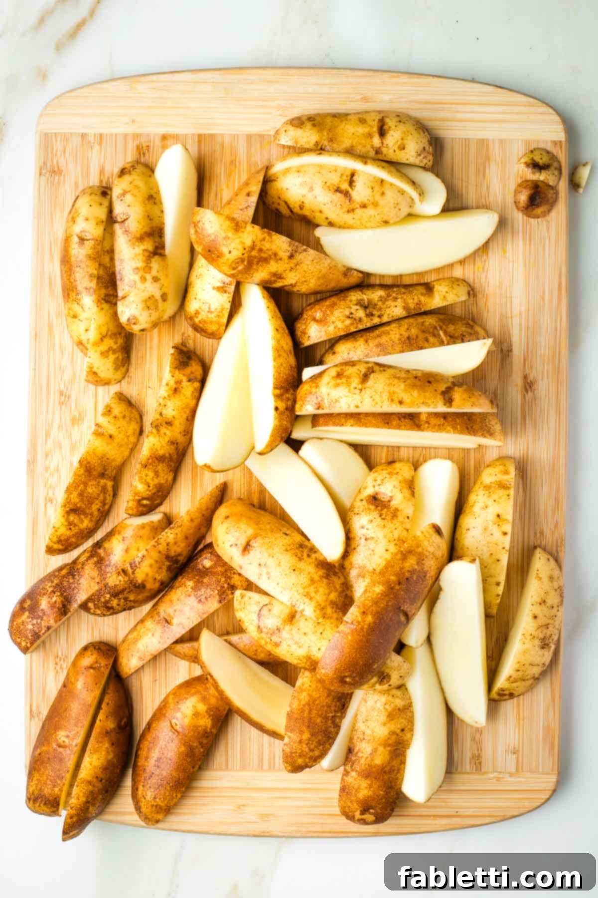 Ultimate Vegan Potato Kugel 7 Russet potatoes cut into quarters lengthwise on a wooden board.