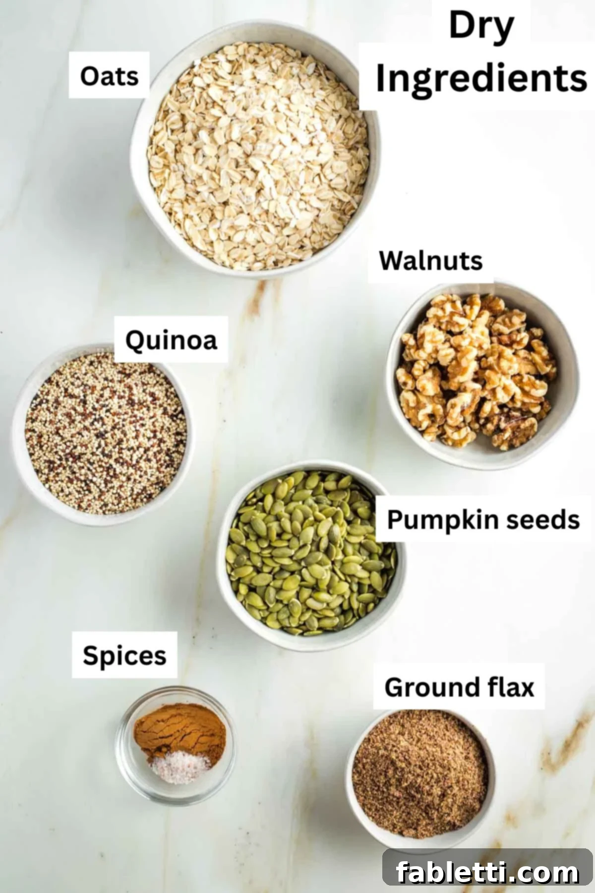 Cozy Pumpkin Spice Granola 4 Labeled "dry ingredients" including oats, walnuts, pumpkin seeds, ground flax, quinoa and spices.