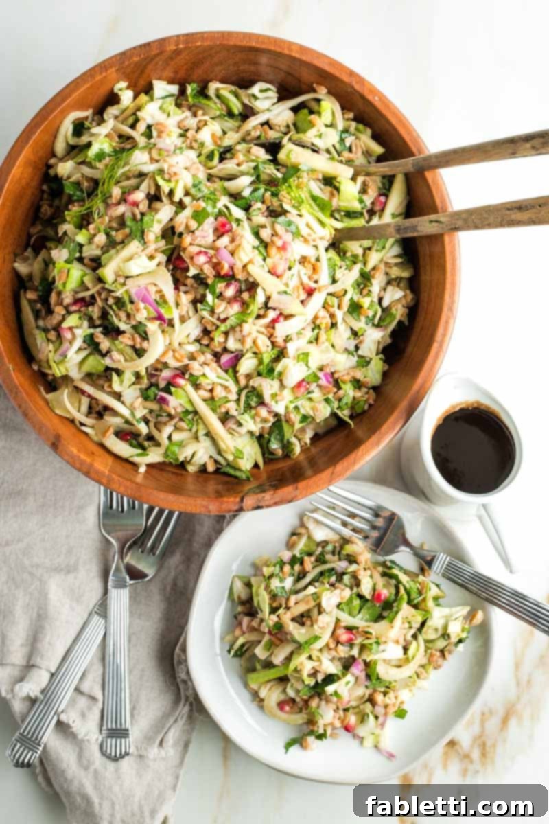 Vibrant Apple Fennel Farro Salad with Pomegranate Gems 2 Wooden bowl filled with apple and fennel salad with cabbage, pomegranate seeds, red onion, and a pomegranate dressing. The colors are bright and inviting, highlighting the freshness of the ingredients.