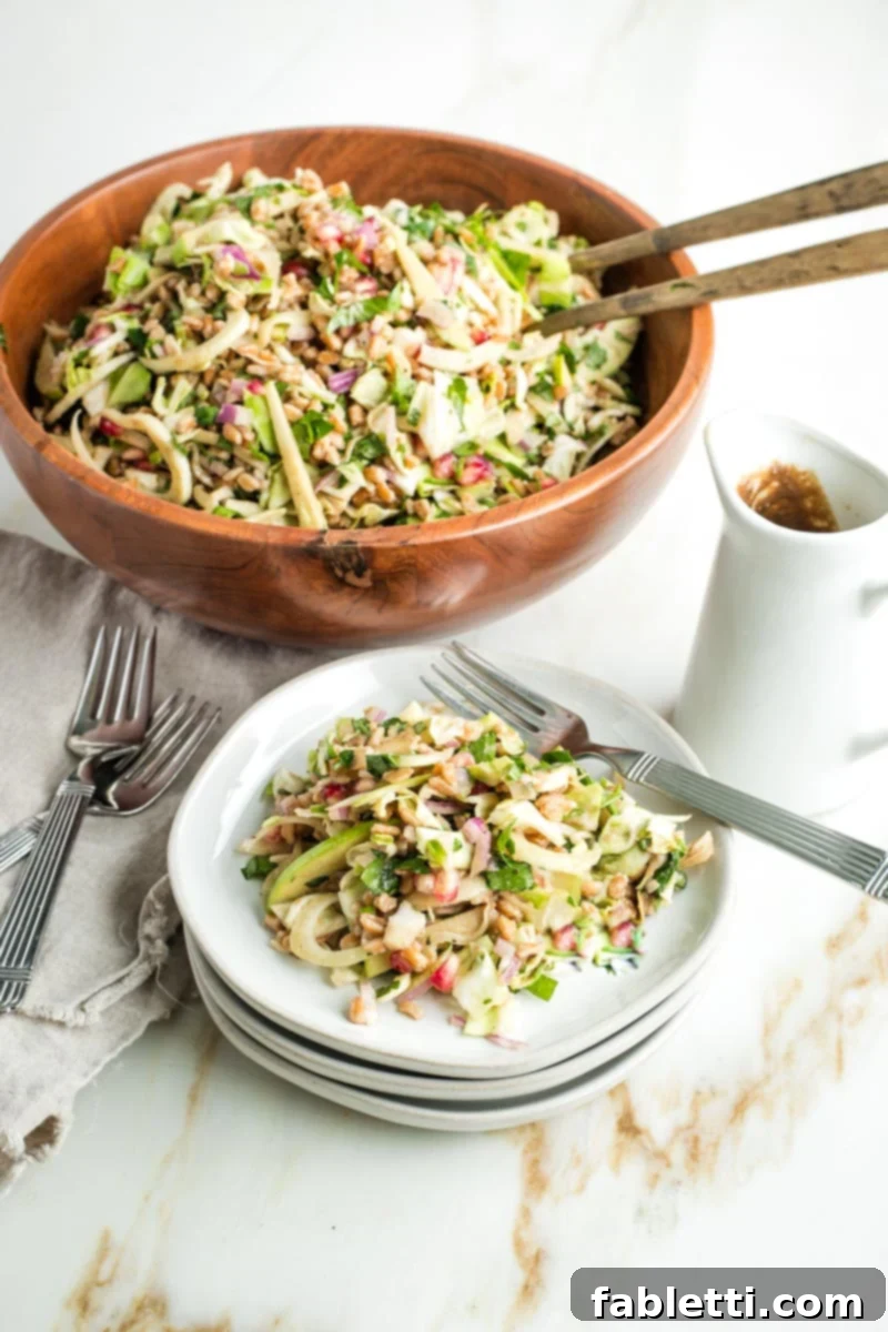 Vibrant Apple Fennel Farro Salad with Pomegranate Gems 14 A beautifully presented chopped salad, showcasing the vibrant colors and textures of pomegranate seeds, fluffy farro, finely diced red onion, delicate shaved fennel, crisp cabbage, fresh apples, and fragrant parsley, ready to be served.