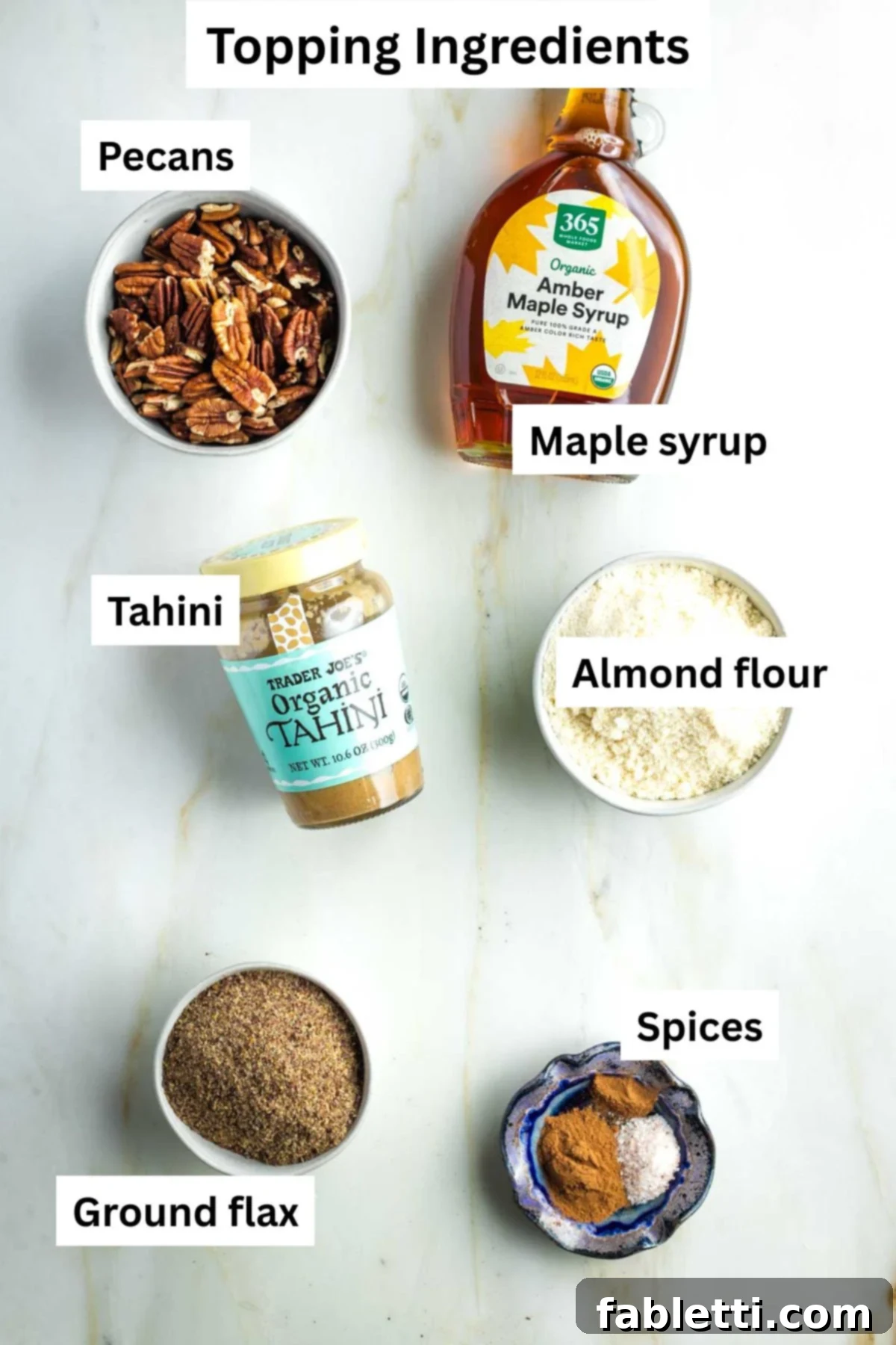 Golden Maple Pecan Sweet Potato Casserole 4 Topping ingredients labeled: pecans, maple syrup, tahini, almond flour, ground flax and spices for the crunchy crumble.