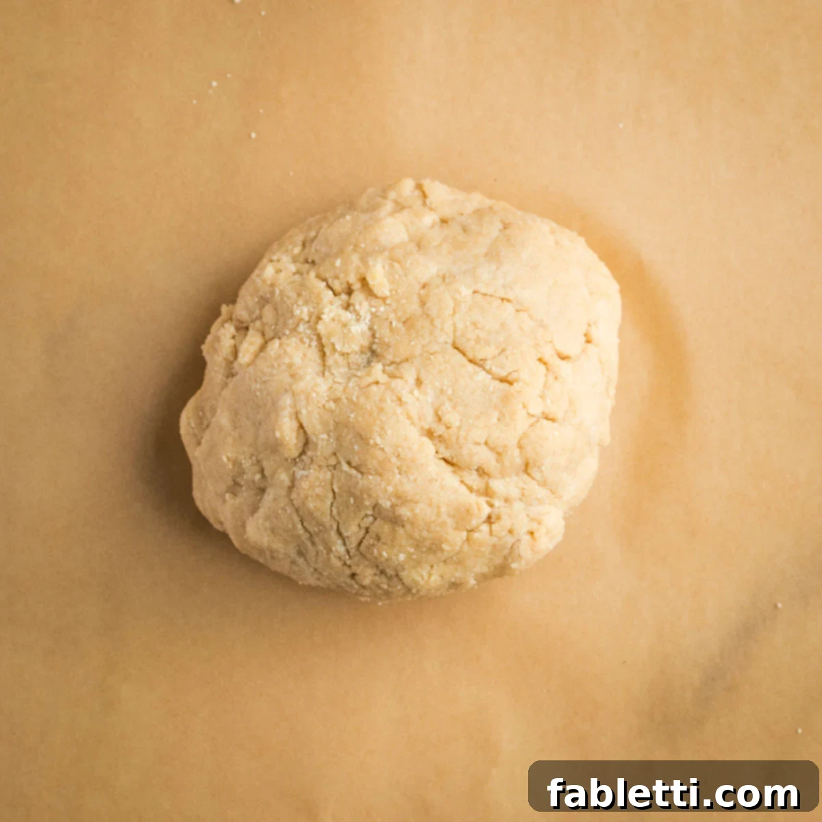 Effortless Vegan Pumpkin Pie with a Homemade Dairy-Free Crust 8 A large ball of vegan pie dough centered on a sheet of unbleached parchment paper, ready for rolling.