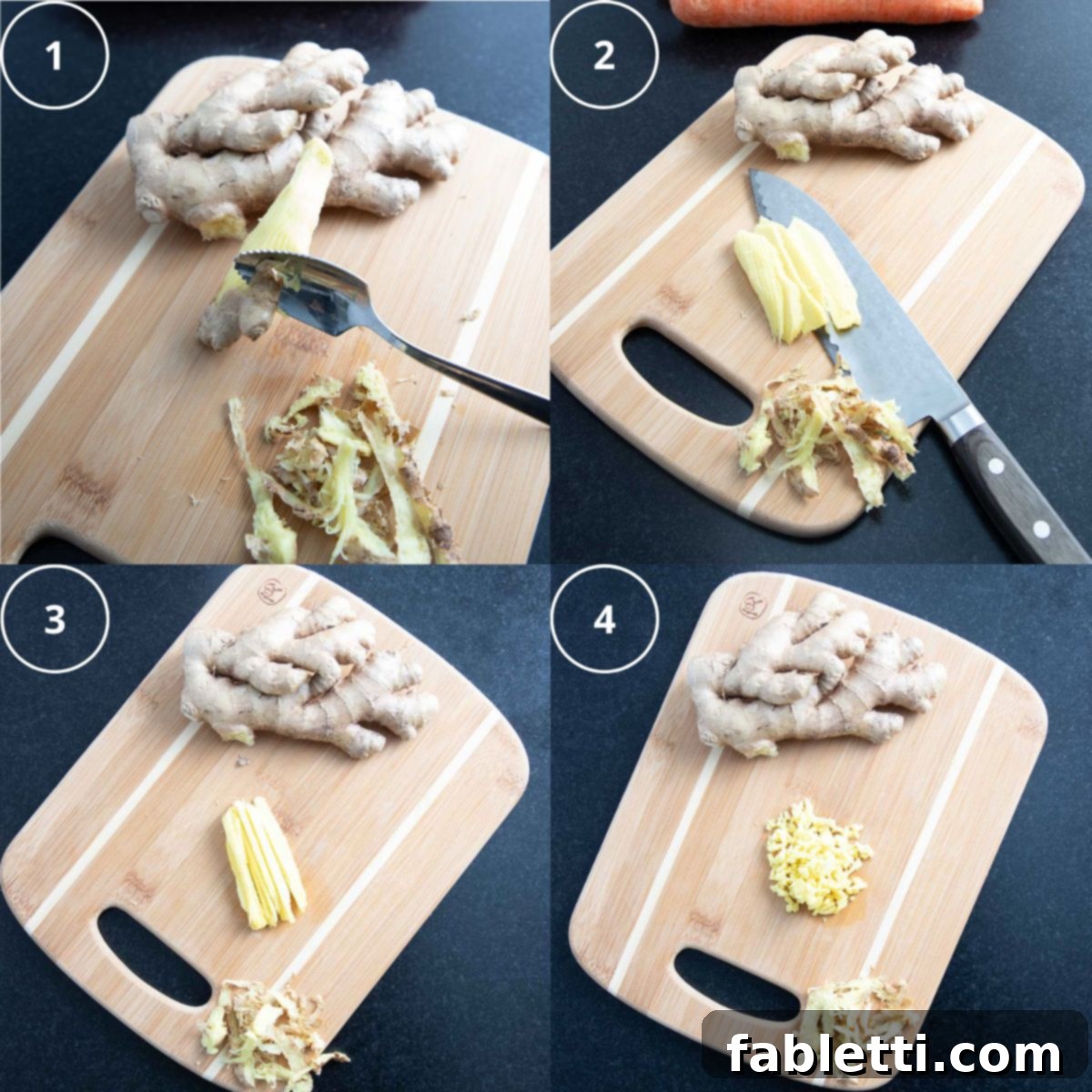 Golden Vegan Carrot Ginger Soup 5 A step-by-step visual guide demonstrating how to perfectly mince fresh ginger in four easy stages.