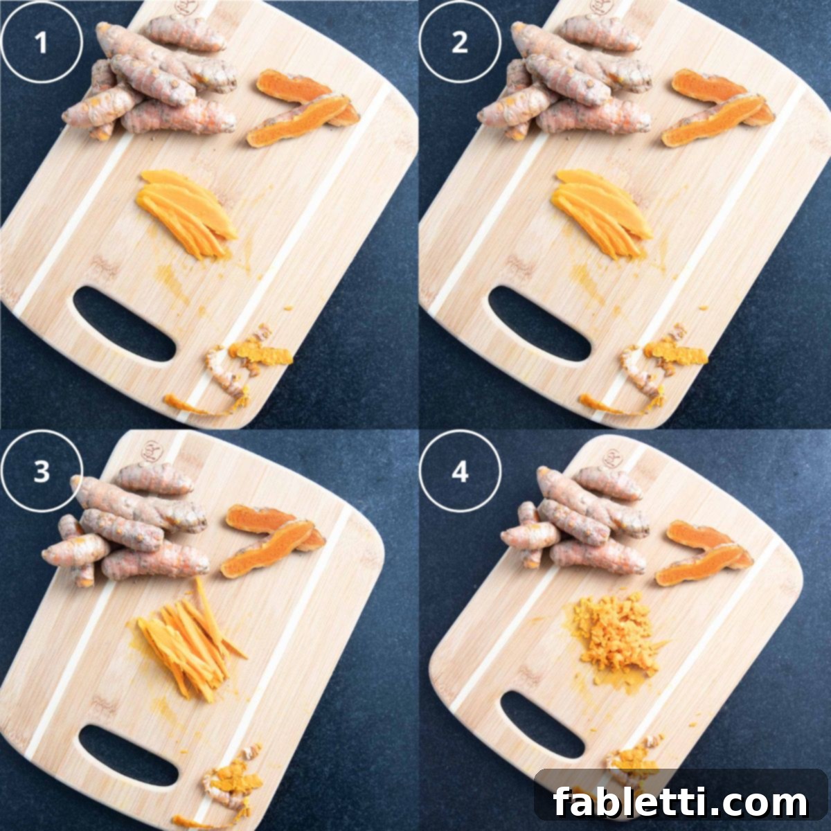 Golden Vegan Carrot Ginger Soup 6 A four-step photographic sequence illustrating the process of peeling, slicing, and mincing fresh turmeric root.