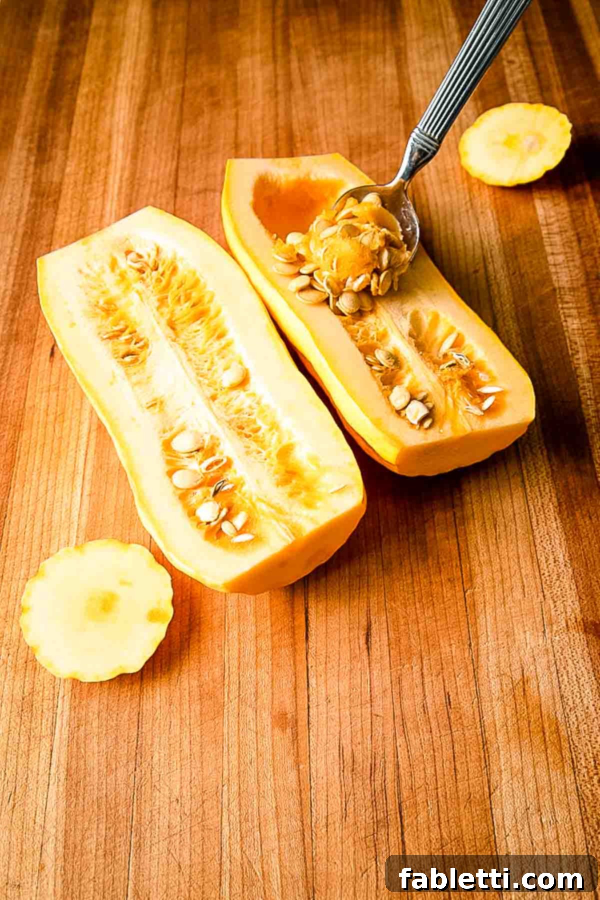 Golden Roasted Delicata Squash 4 Delicata squash cut in half lengthwise with a spoon scooping out the seeds.