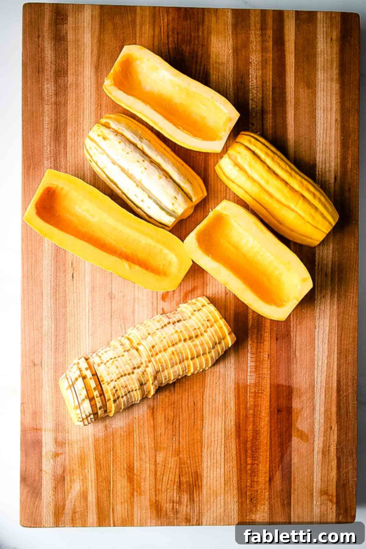 Golden Roasted Delicata Squash 6 Delicata squash halves with one cut into thin half moon slices.