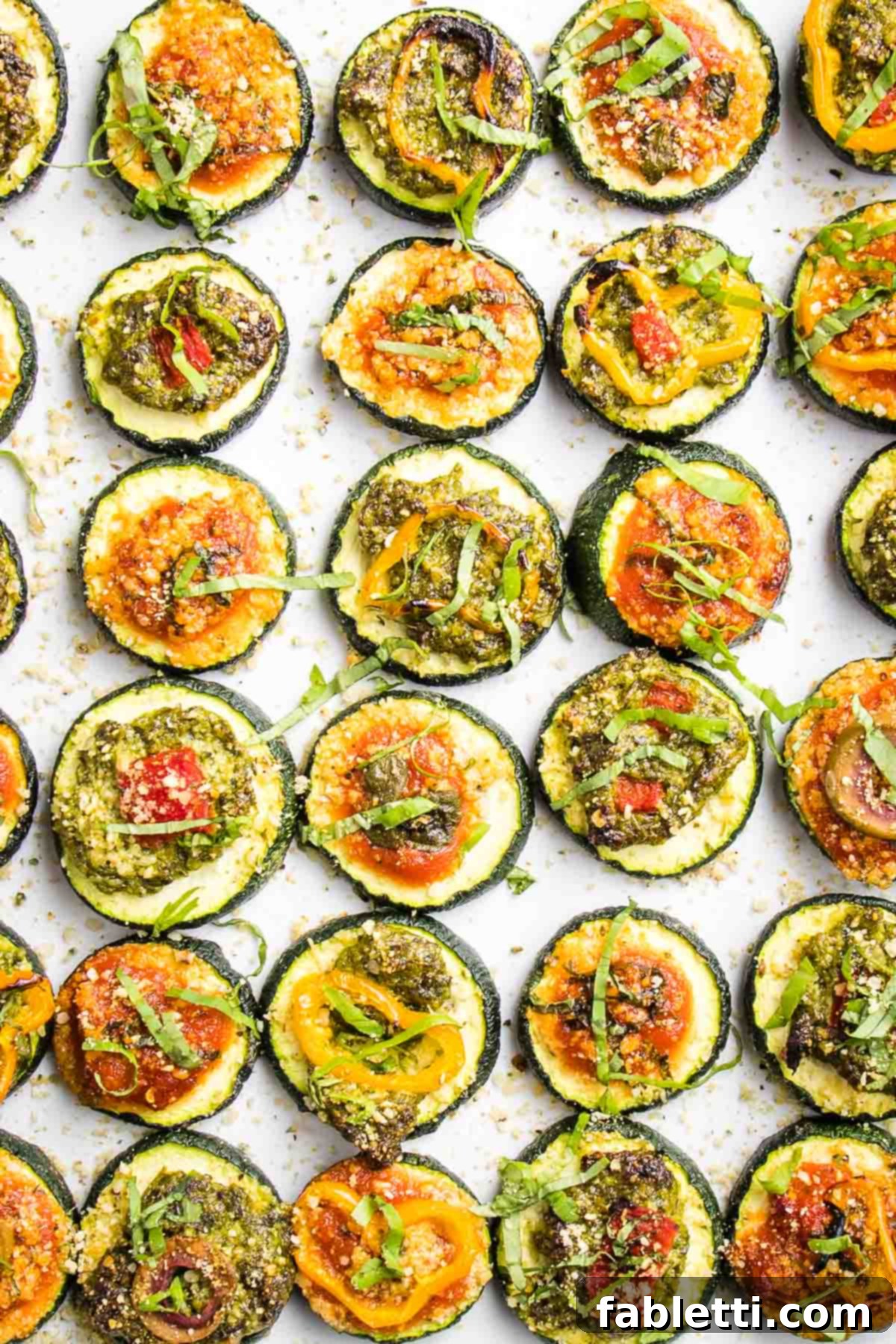Mini Zucchini Pizzas 2 Rows of zucchini slices, topped with red or green sauce and various vegetable toppings to create mini pizzas. All are sprinkled with vegan parmesan and fresh basil.