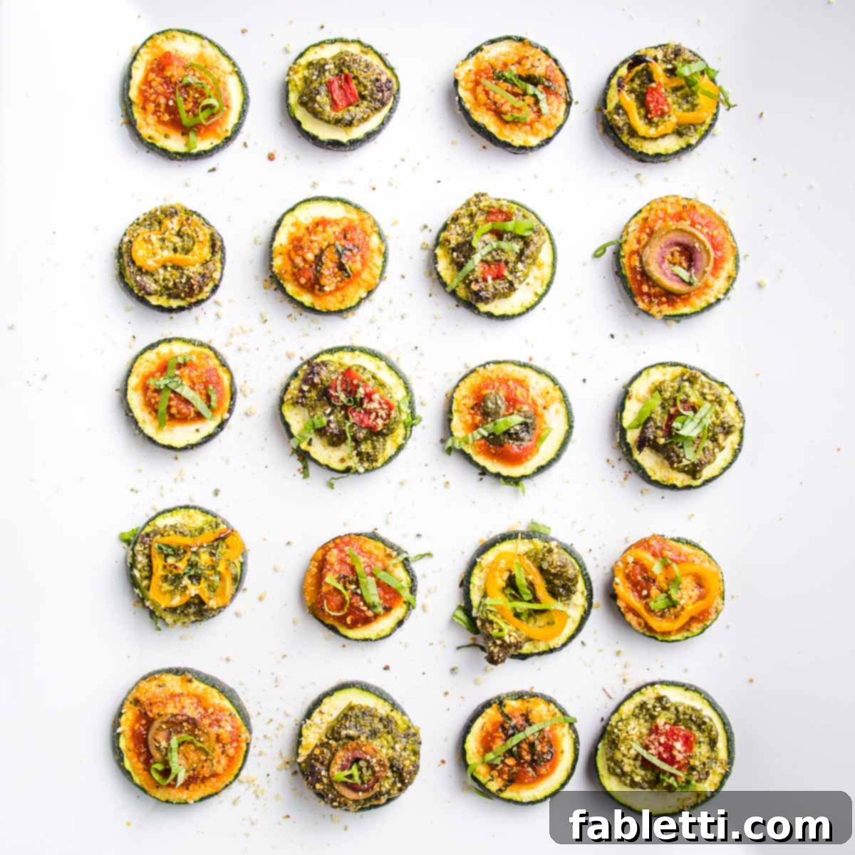 Mini Zucchini Pizzas 11 Zucchini rounds baked with pizza toppings, served on a platter.