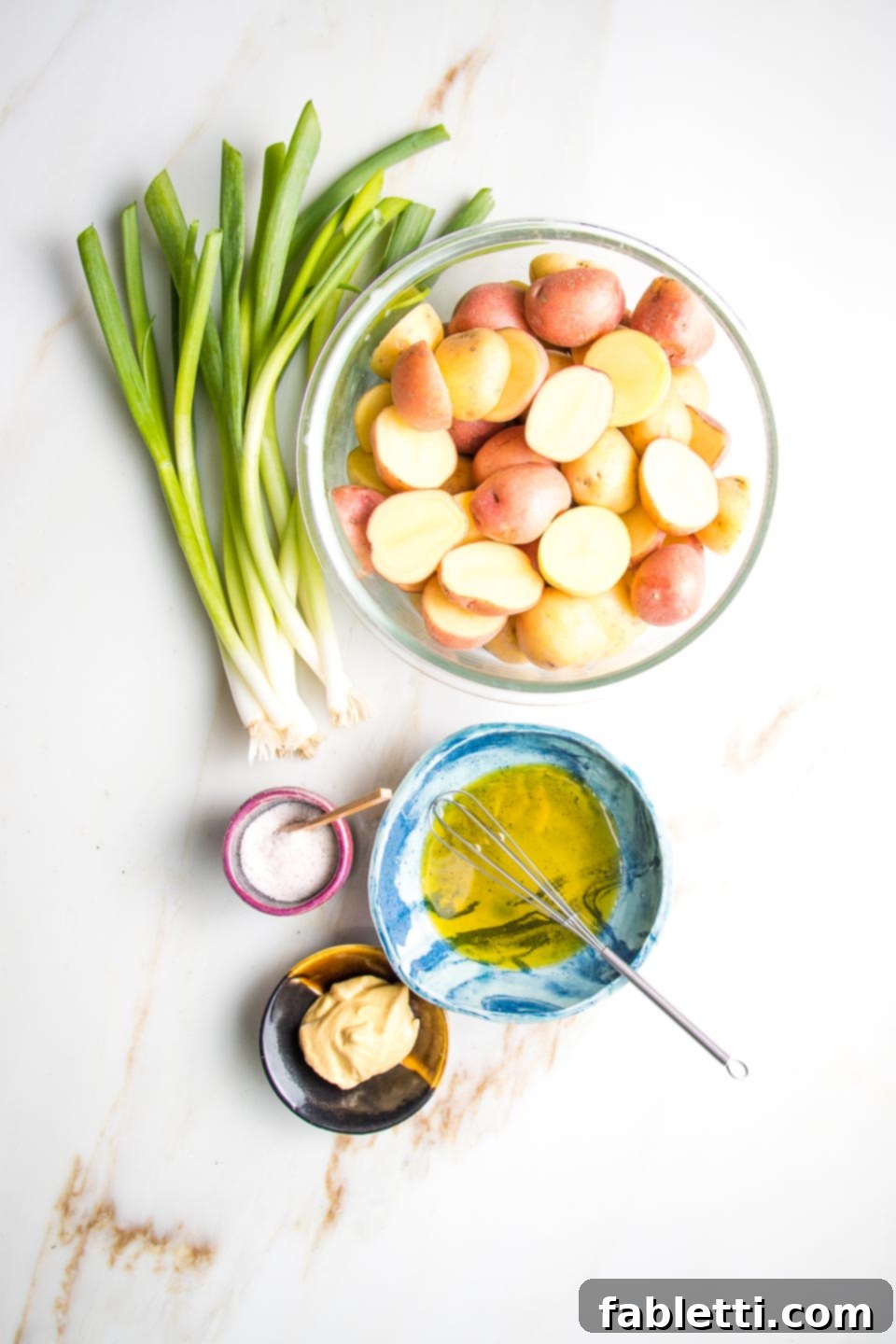 Smoky Grilled Potato Salad 3 Ingredients for grilled potato salad: scallions, potatoes, mustard, olive oil and sea salt