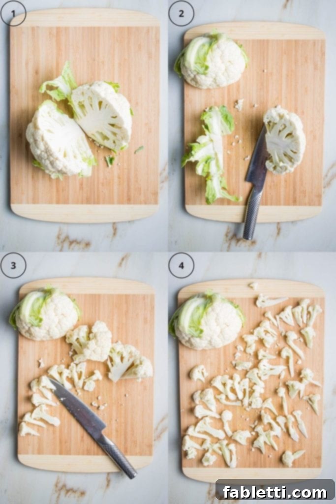 Step by step photos to cut cauliflower into florets. 1. Cauliflower halved. 2. bottom core and leaves cut from ½ the cauliflower. 3.  Cauliflower half cut into large pieces.  4.  Half the cauliflower separated into small florets. 