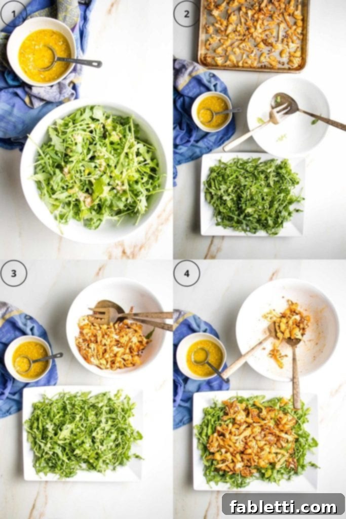 4 photos, a progression of making cauliflower salad. 1.  Arugula in a white bowl with a bit of shallot vinaigrette on it, and the bowl of vinaigrette in the top left corner.  2.  Arugula on a serving platter, with a tray of roasted cauliflower on top of photo, dressing on the side and the empty bowl that had the arugula in it. 3. large rectangular platter with arugula, bowl is now filled with roasted cauliflower and bowl of dressing is off to the left on a blue dish towel. 4. dressing still on the left on blue towel, bowl is mostly empty, but a bit of roasted cauliflower remains with bronze serving pieces, and across the bottom of photo is white rectangular plate with dressed arugula on the bottom and piled with roasted cauliflower. 