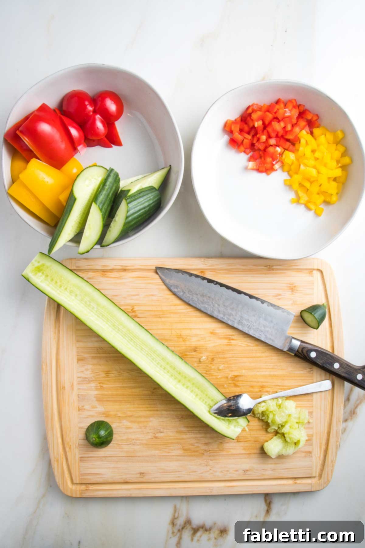 A cutting board features an English cucumber, halved lengthwise with seeds scooped out. Two white bowls above contain chunks of red and yellow peppers for blending, and smaller diced red and yellow peppers for garnish.
