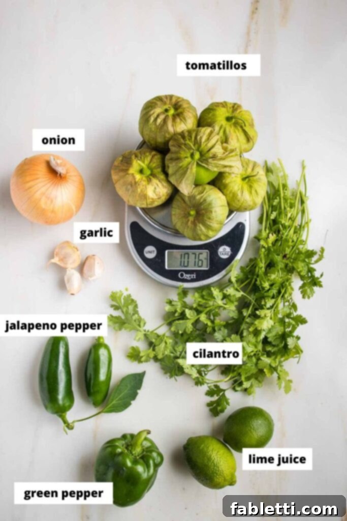 Fire-Kissed Tomatillo Salsa Verde 3 Assortment of fresh ingredients for salsa verde: tomatillos, jalapenos, onion, garlic, and cilantro.