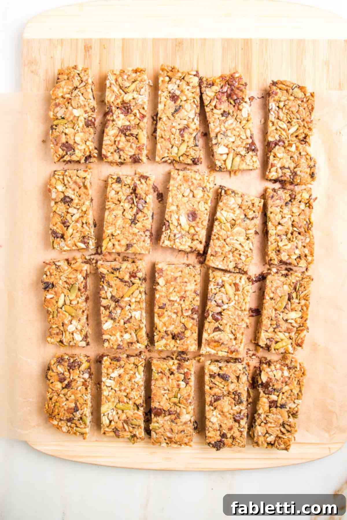 Golden Baked Granola Bites 17 Crunchy granola bars arranged neatly on a sheet of parchment atop a wooden board, ready to be enjoyed or stored.